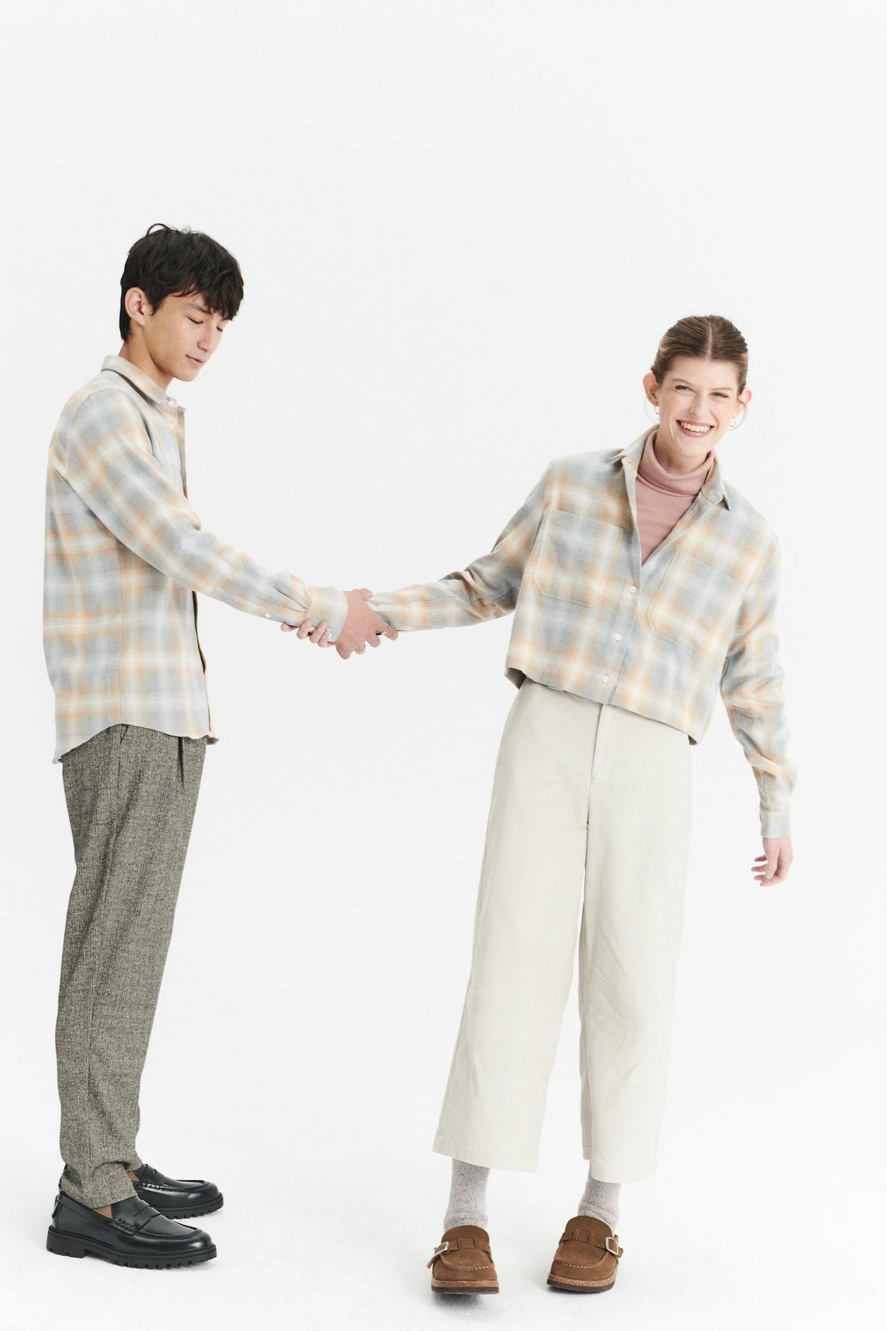 Cropped Shirt in a Soft Tonal Beige and Grey Chequered Italian Cotton Flannel