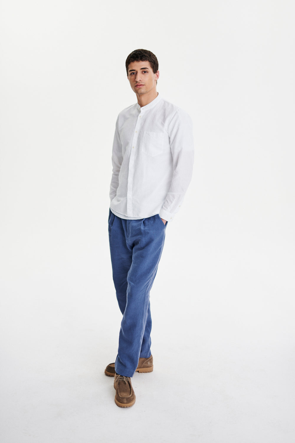 Zen Grandad Collar Shirt in a White Soft Portuguese Cotton and Linen Seersucker