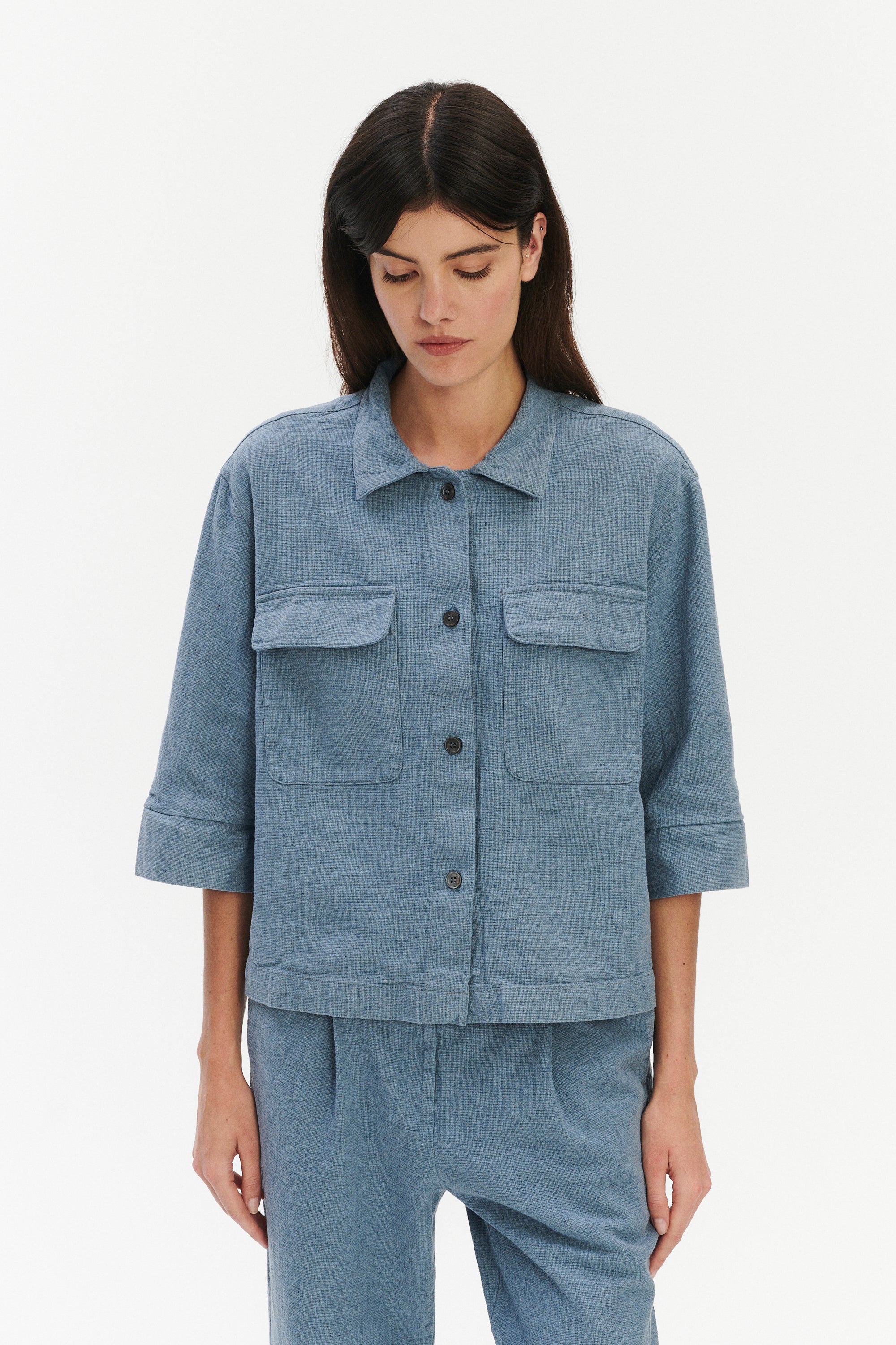 Blouse in a Pale Sky Blue Italian Recycled Cotton Denim
