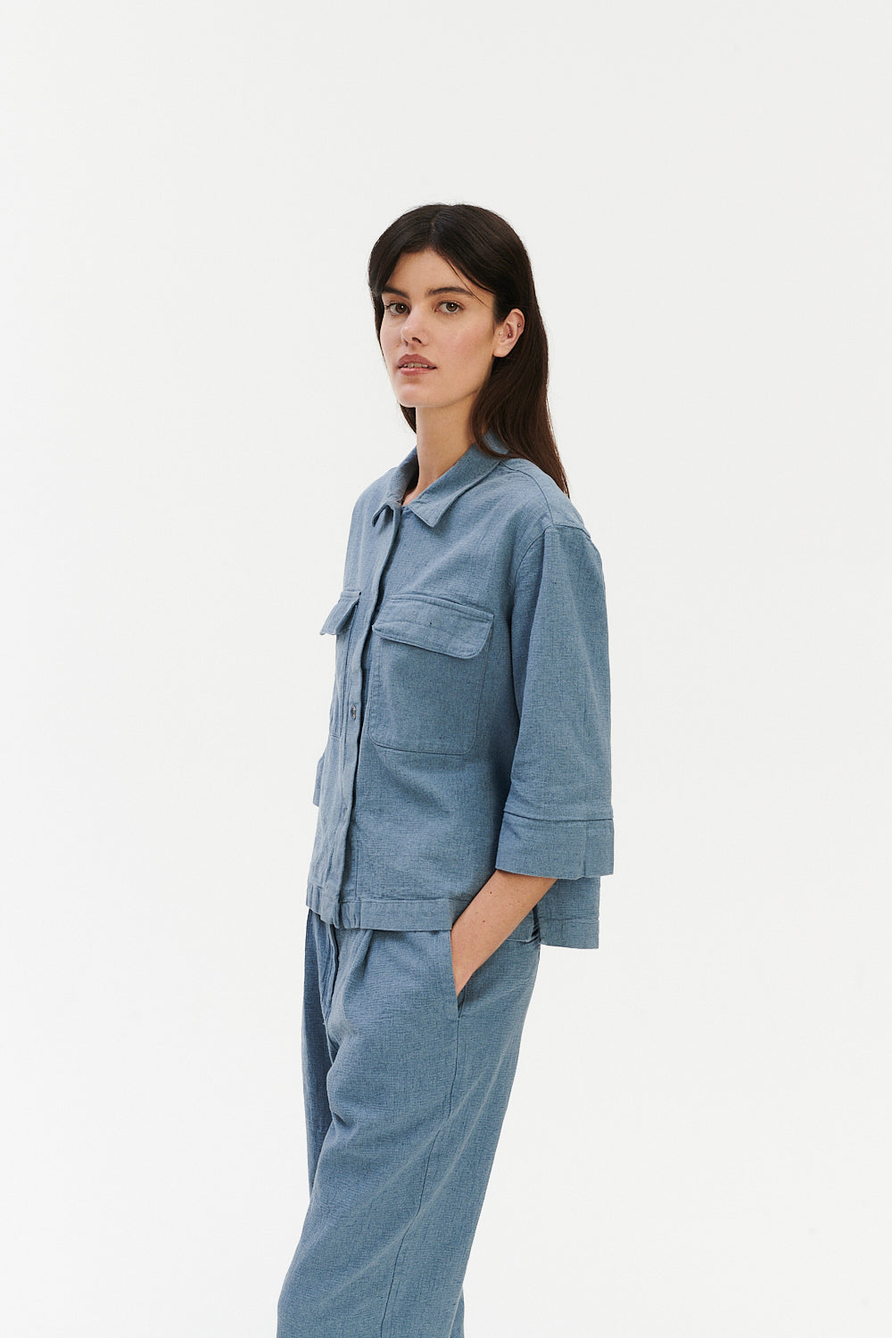 Blouse in a Pale Sky Blue Italian Recycled Cotton Denim