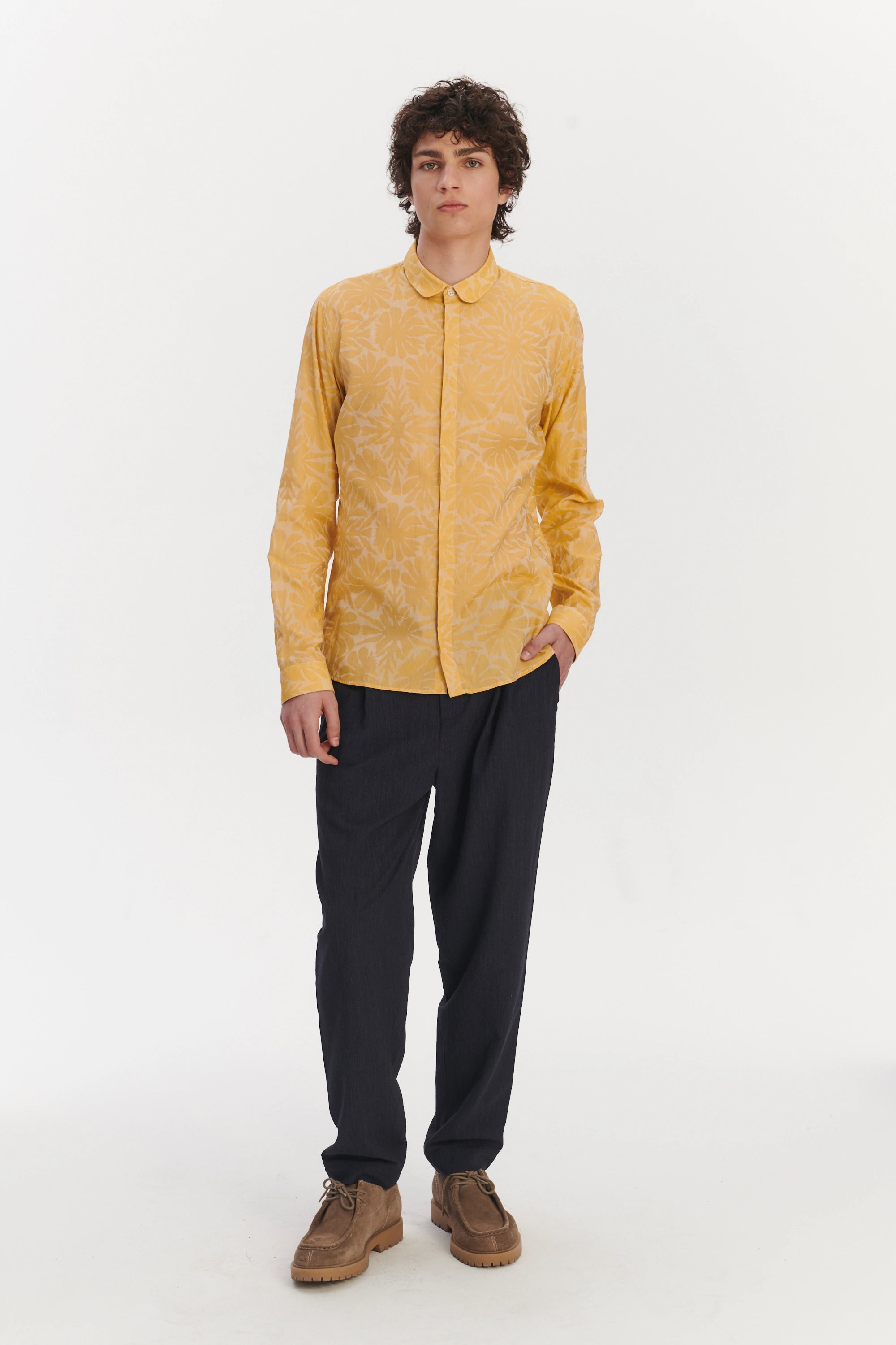 Cute Round Collar Shirt in a Yellow and Cream Jacquard Italian Cotton