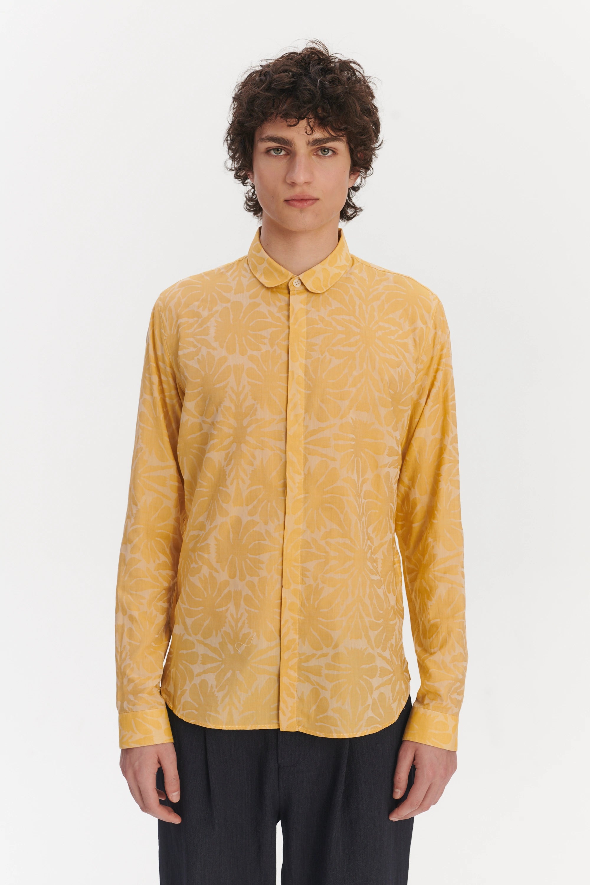 Cute Round Collar Shirt in a Yellow and Cream Jacquard Italian Cotton
