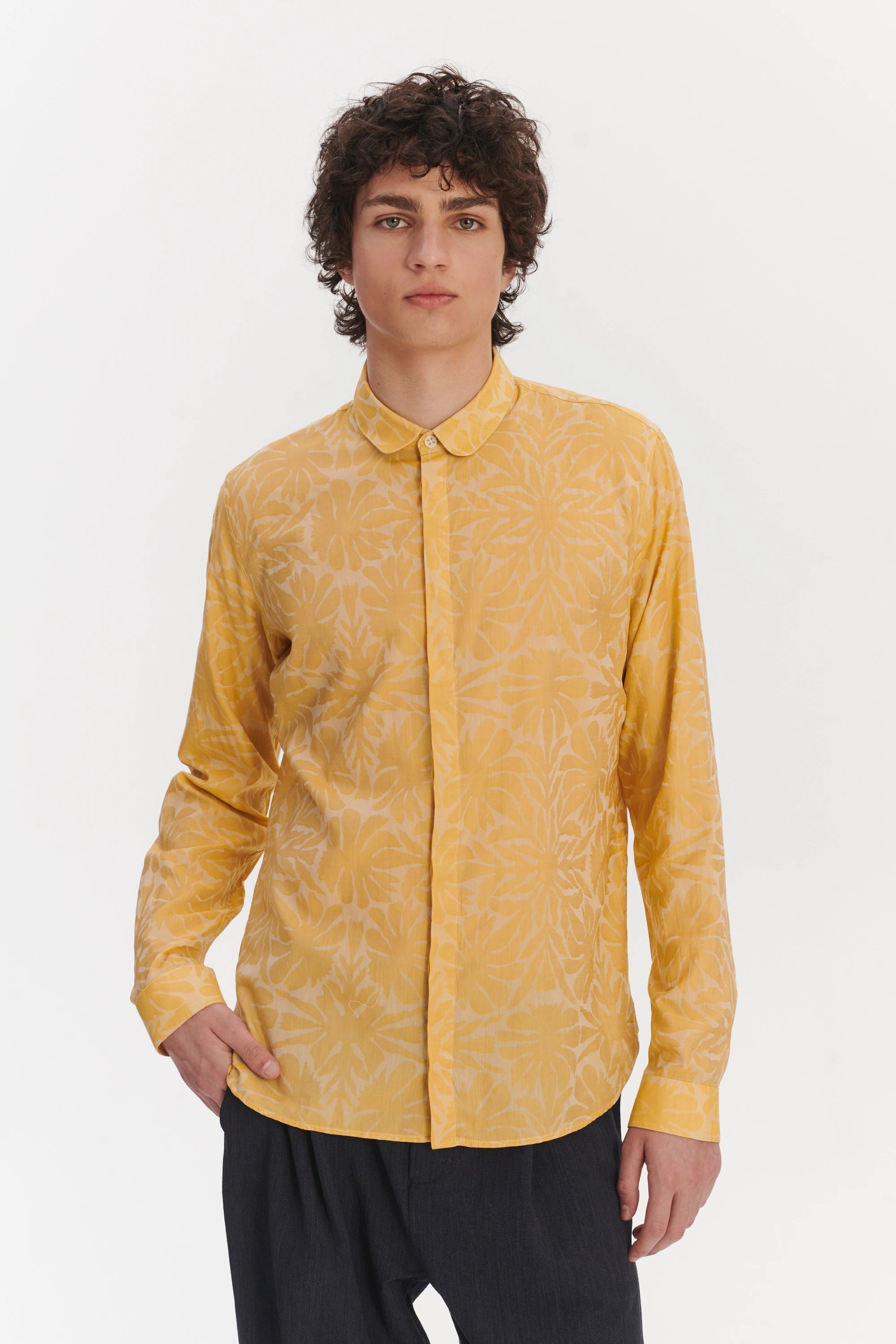 Cute Round Collar Shirt in a Yellow and Cream Jacquard Italian Cotton