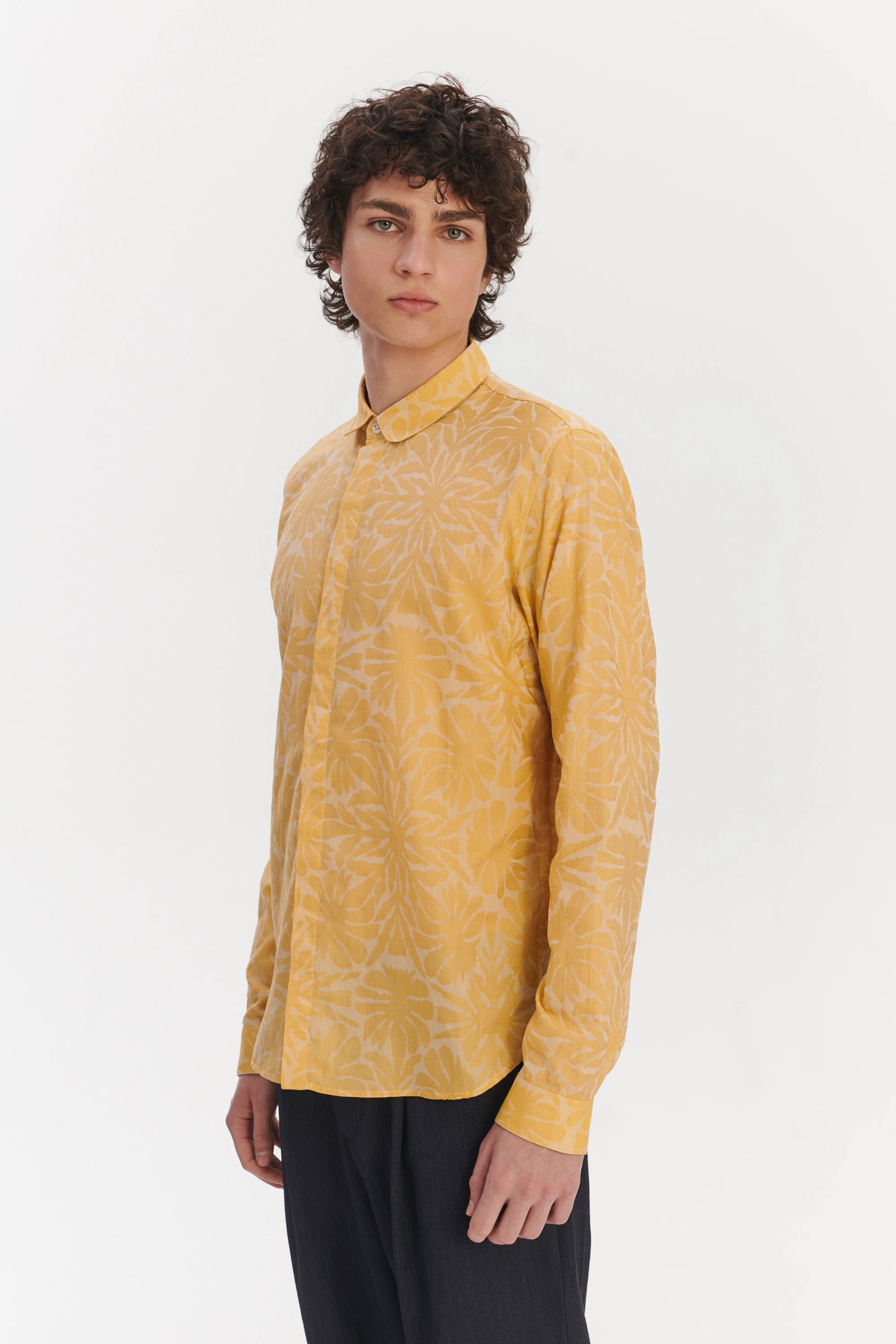 Cute Round Collar Shirt in a Yellow and Cream Jacquard Italian Cotton
