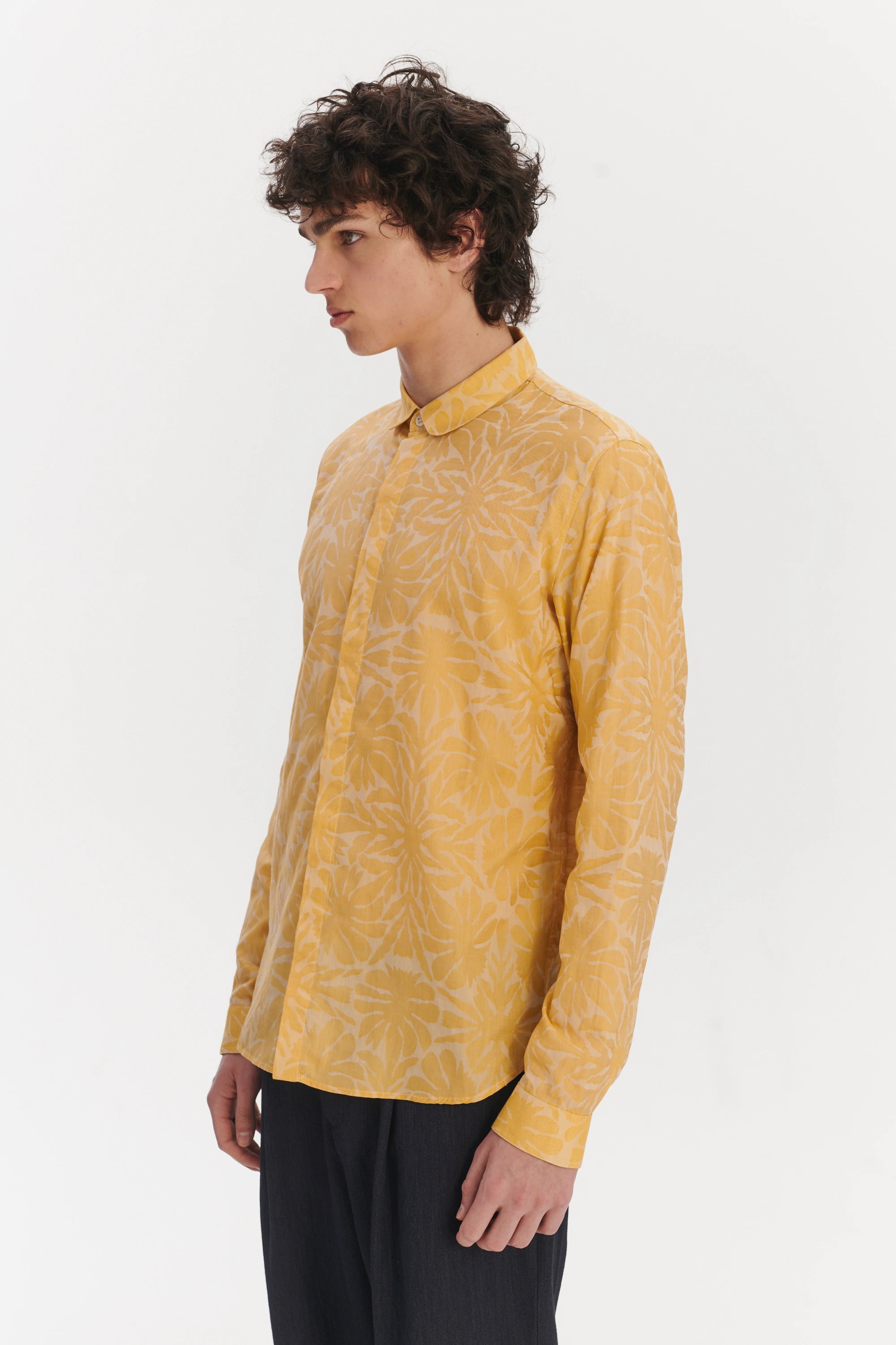 Cute Round Collar Shirt in a Yellow and Cream Jacquard Italian Cotton
