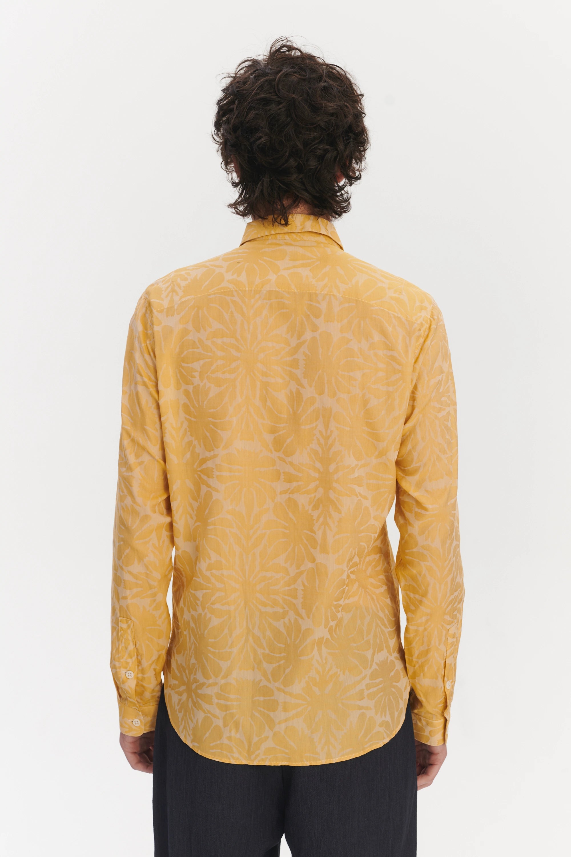 Cute Round Collar Shirt in a Yellow and Cream Jacquard Italian Cotton