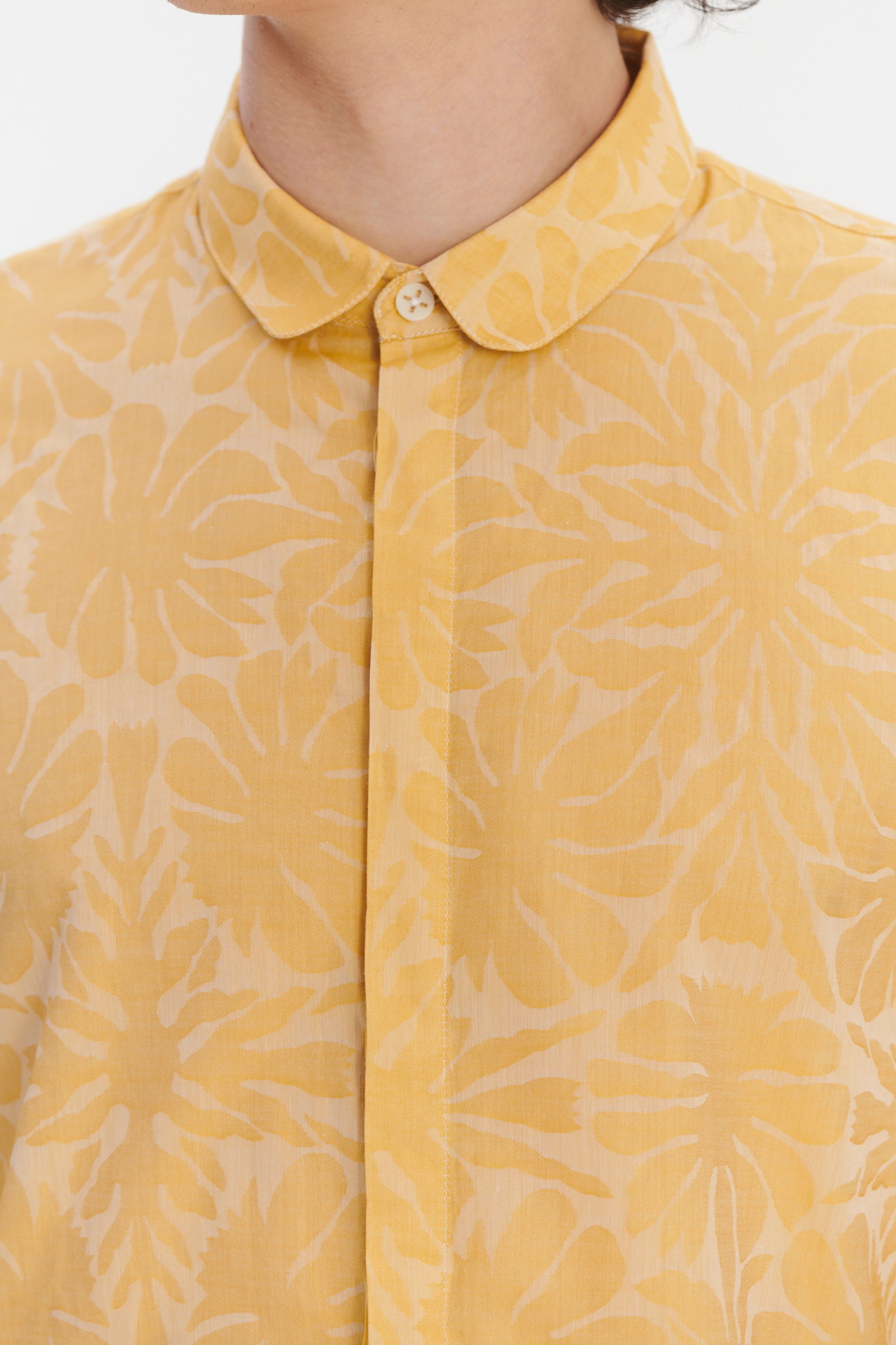 Cute Round Collar Shirt in a Yellow and Cream Jacquard Italian Cotton