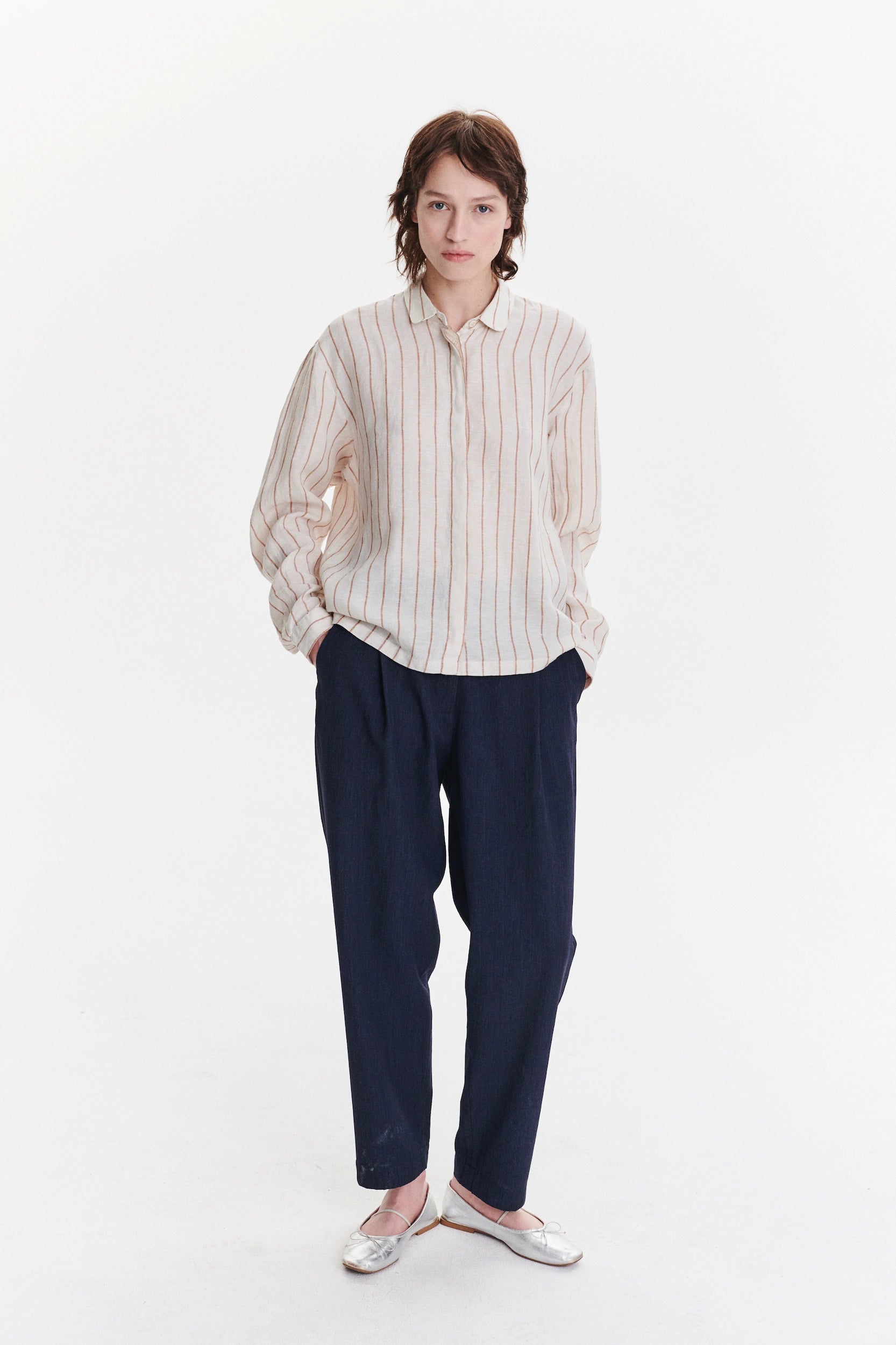 Cute Round Collar Shirt in a Soft and Airy Striped Bohemian Linen