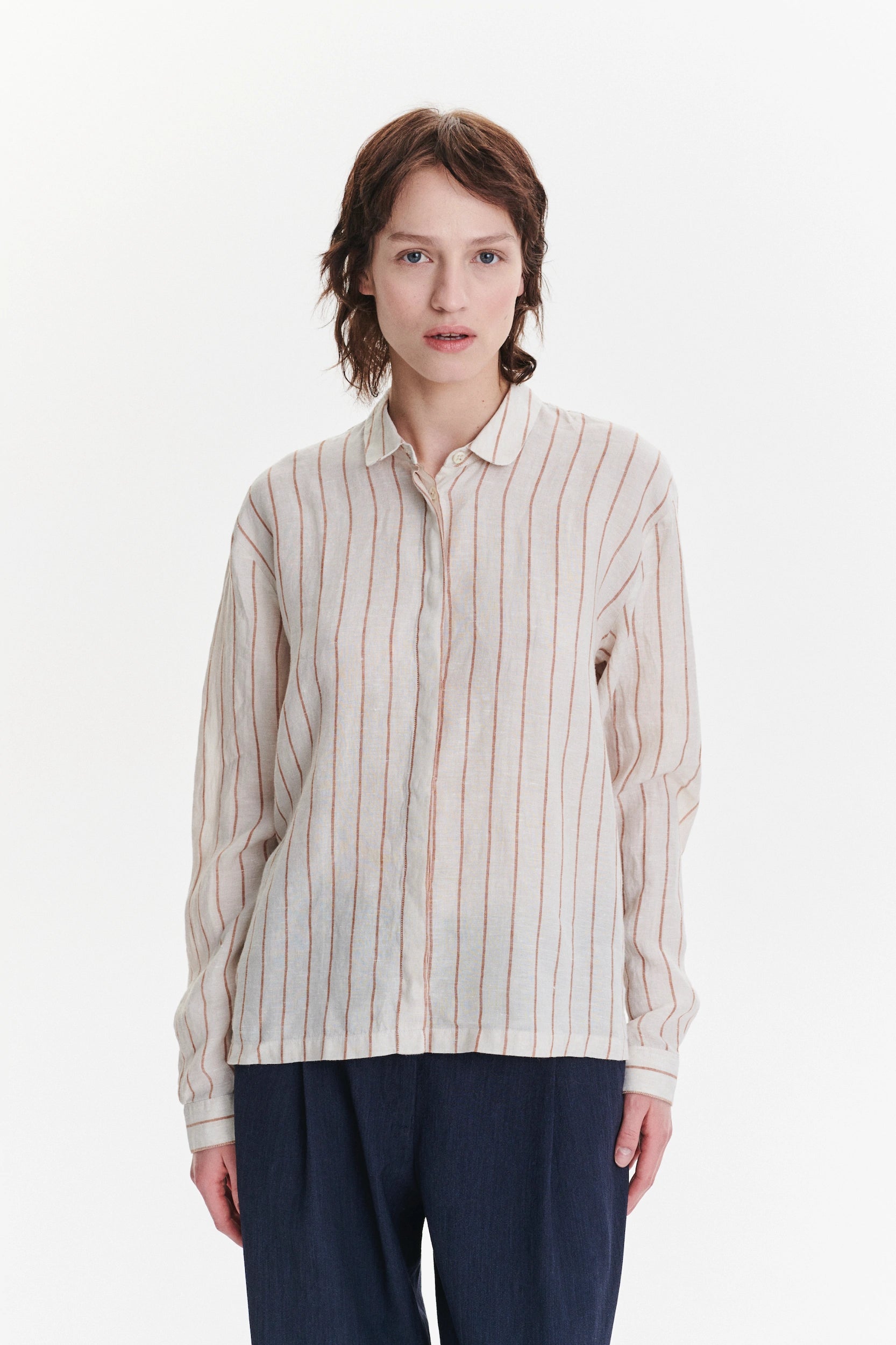 Cute Round Collar Shirt in a Soft and Airy Striped Bohemian Linen