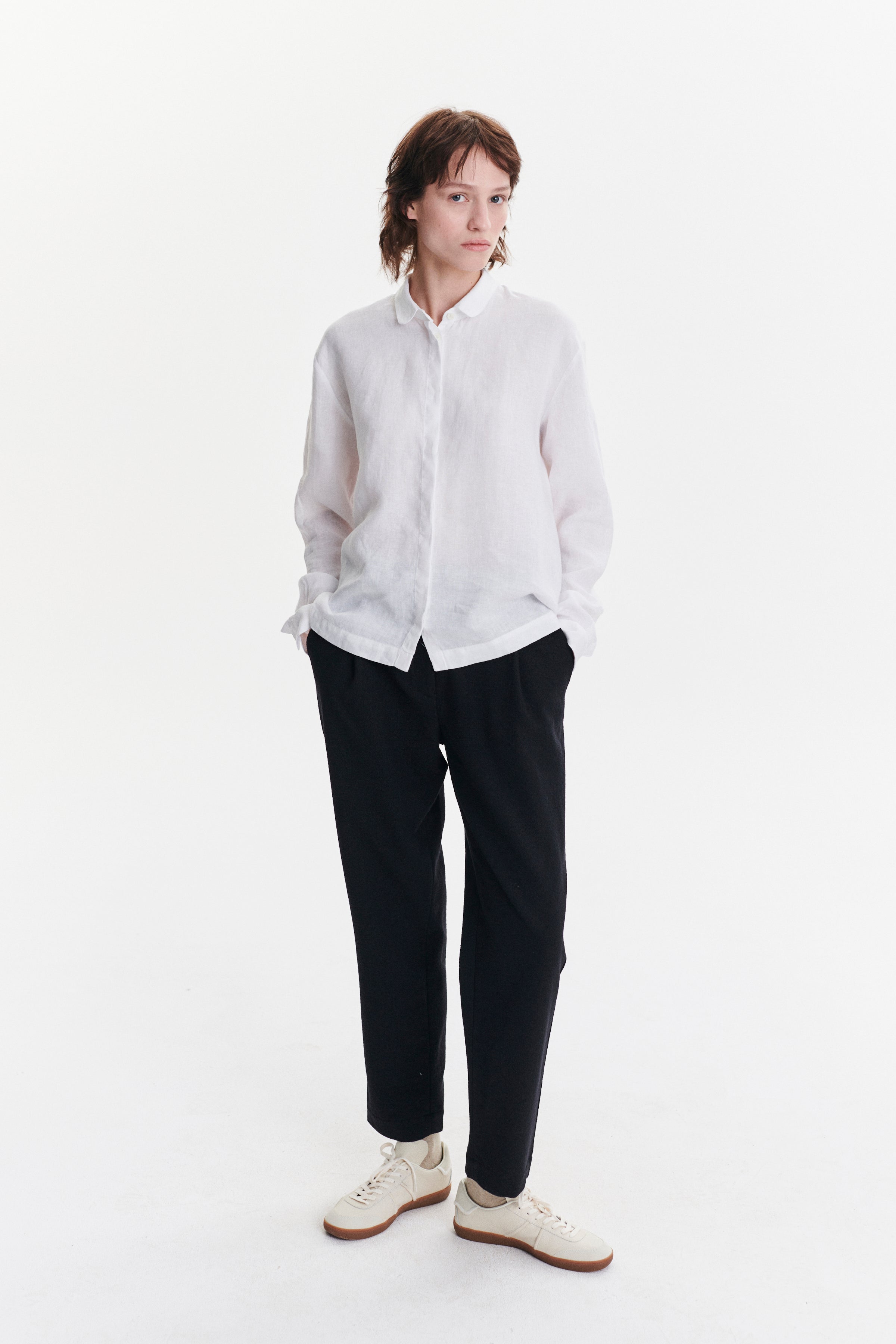 Cute Round Collar Shirt in a White Soft Linen