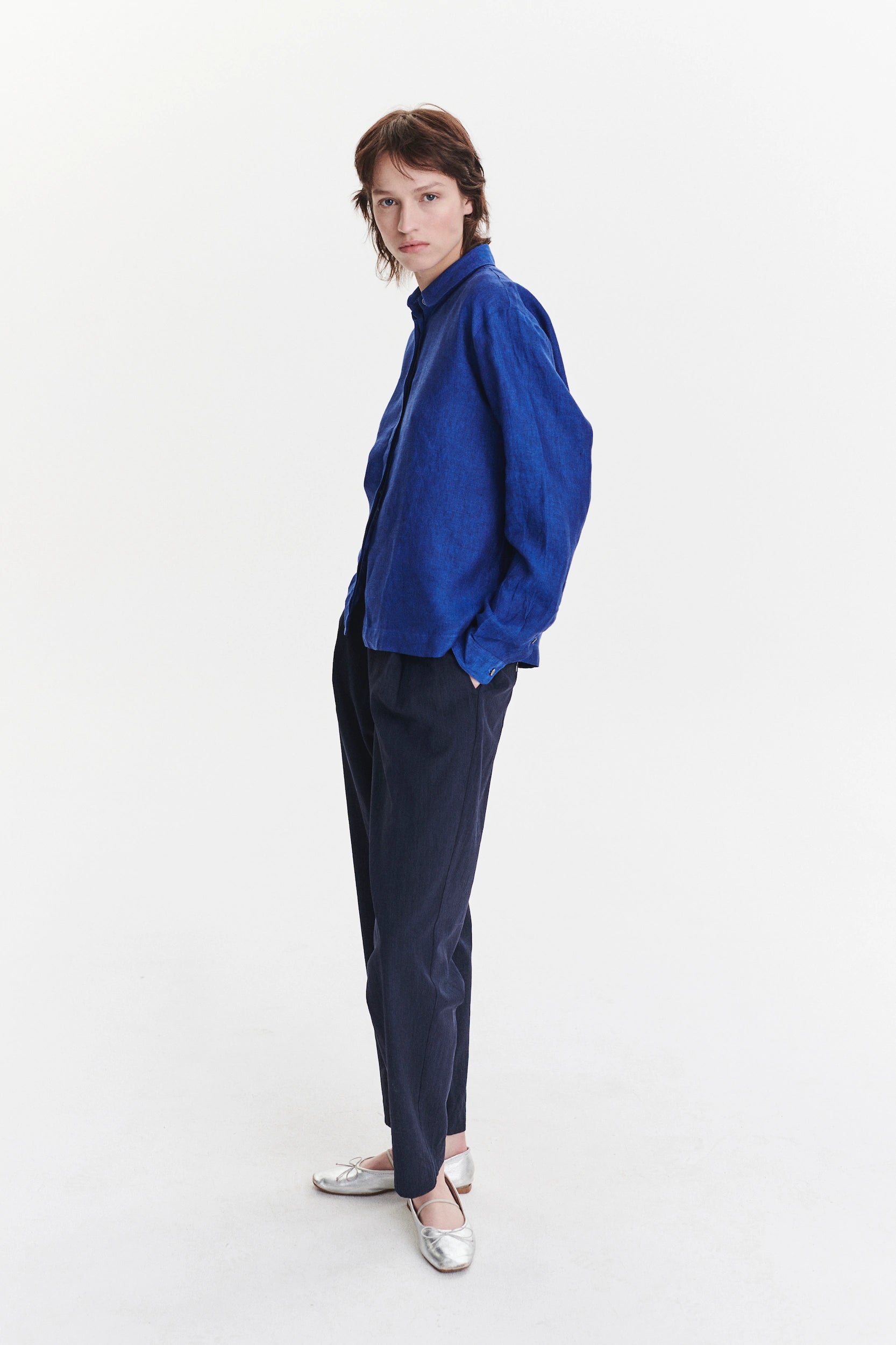 Cute Round Collar Shirt in a Cobalt Blue Soft Italian Linen