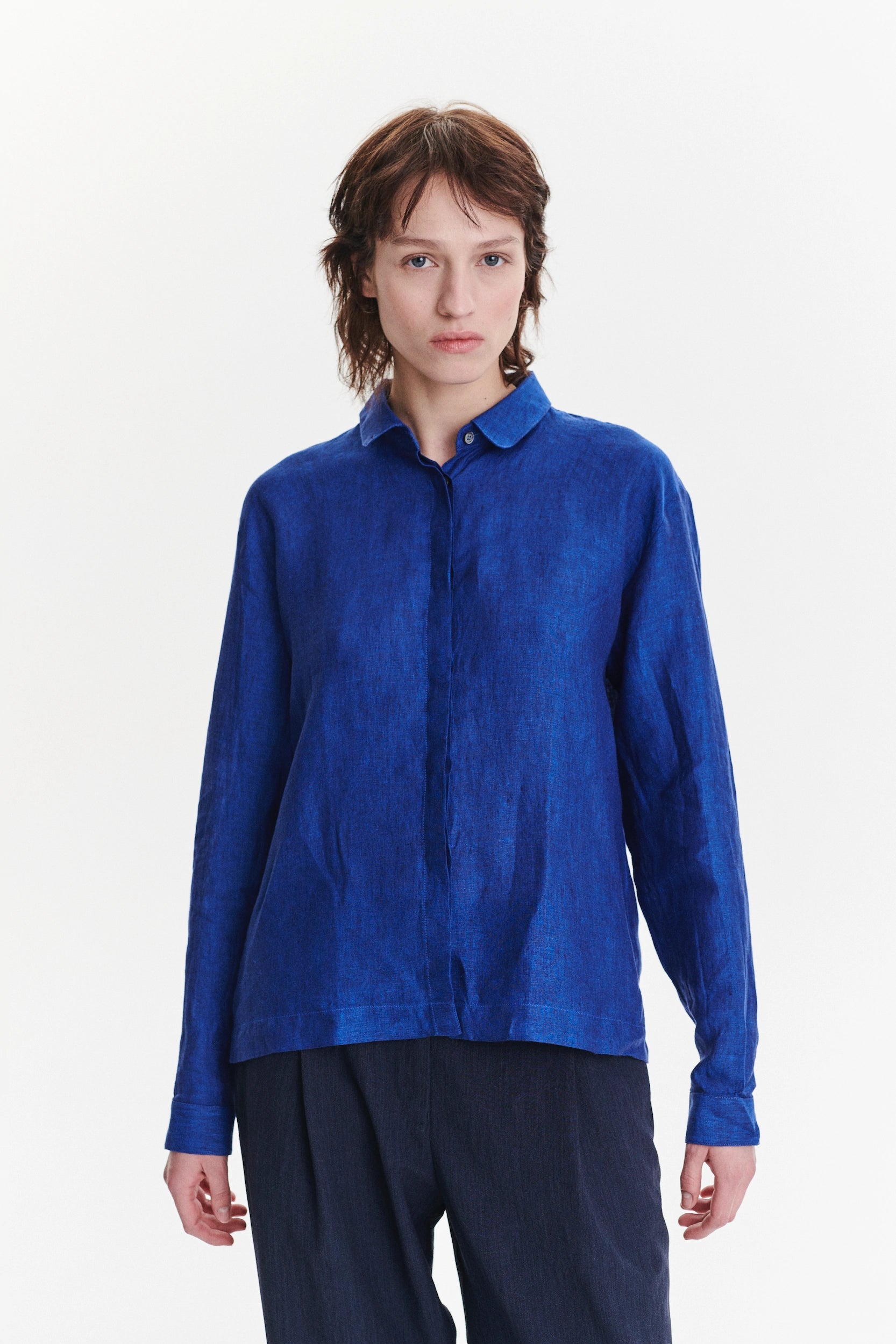 Cute Round Collar Shirt in a Cobalt Blue Soft Italian Linen