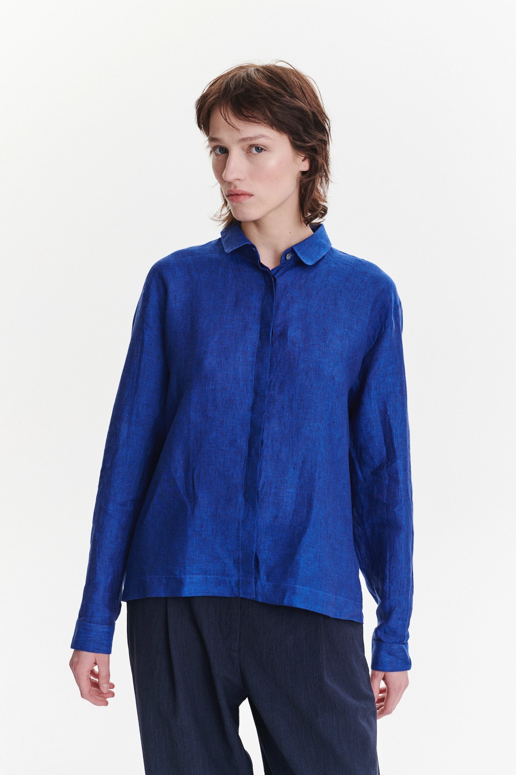 Cute Round Collar Shirt in a Cobalt Blue Soft Italian Linen