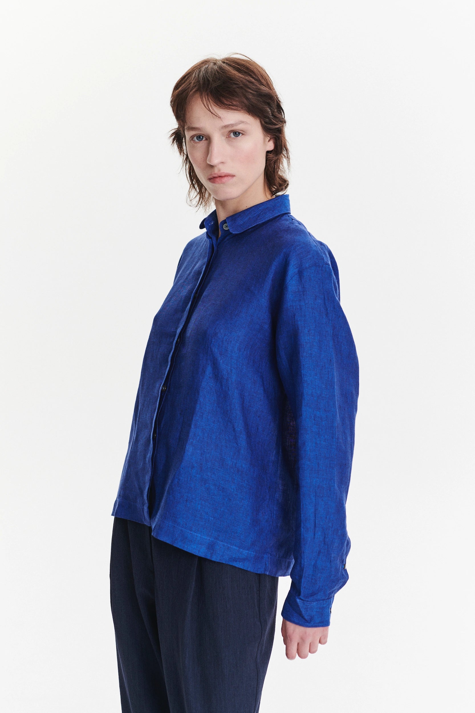 Cute Round Collar Shirt in a Cobalt Blue Soft Italian Linen