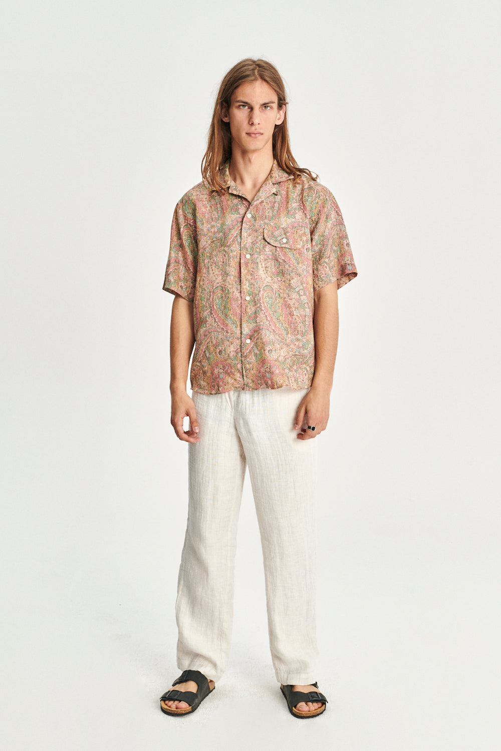Short Sleeve Relaxed Camp Collar Shirt in a Pink, Green and Beige Shaded Paisley Design Japanese Linen