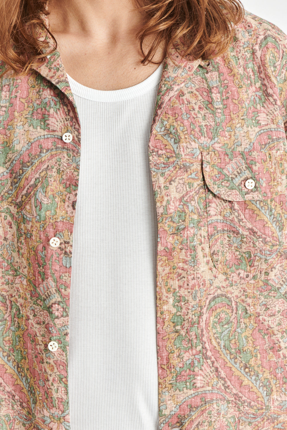 Short Sleeve Relaxed Camp Collar Shirt in a Pink, Green and Beige Shaded Paisley Design Japanese Linen