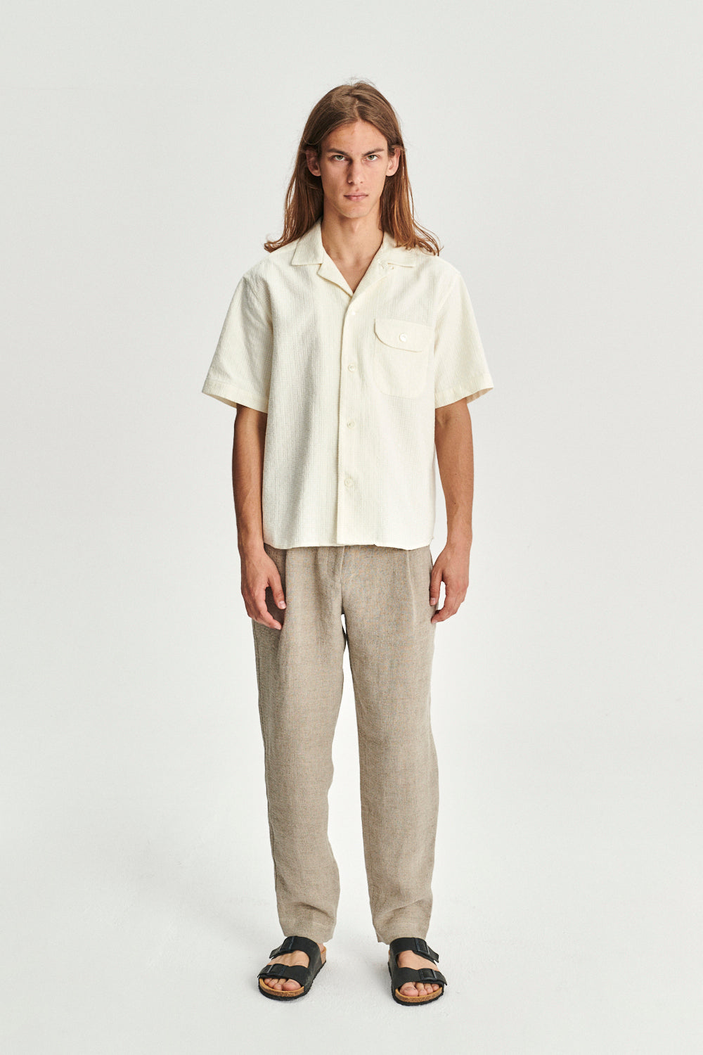 Short Sleeve Camp Collar Shirt in an  Off-white Portuguese Jacquard Cotton