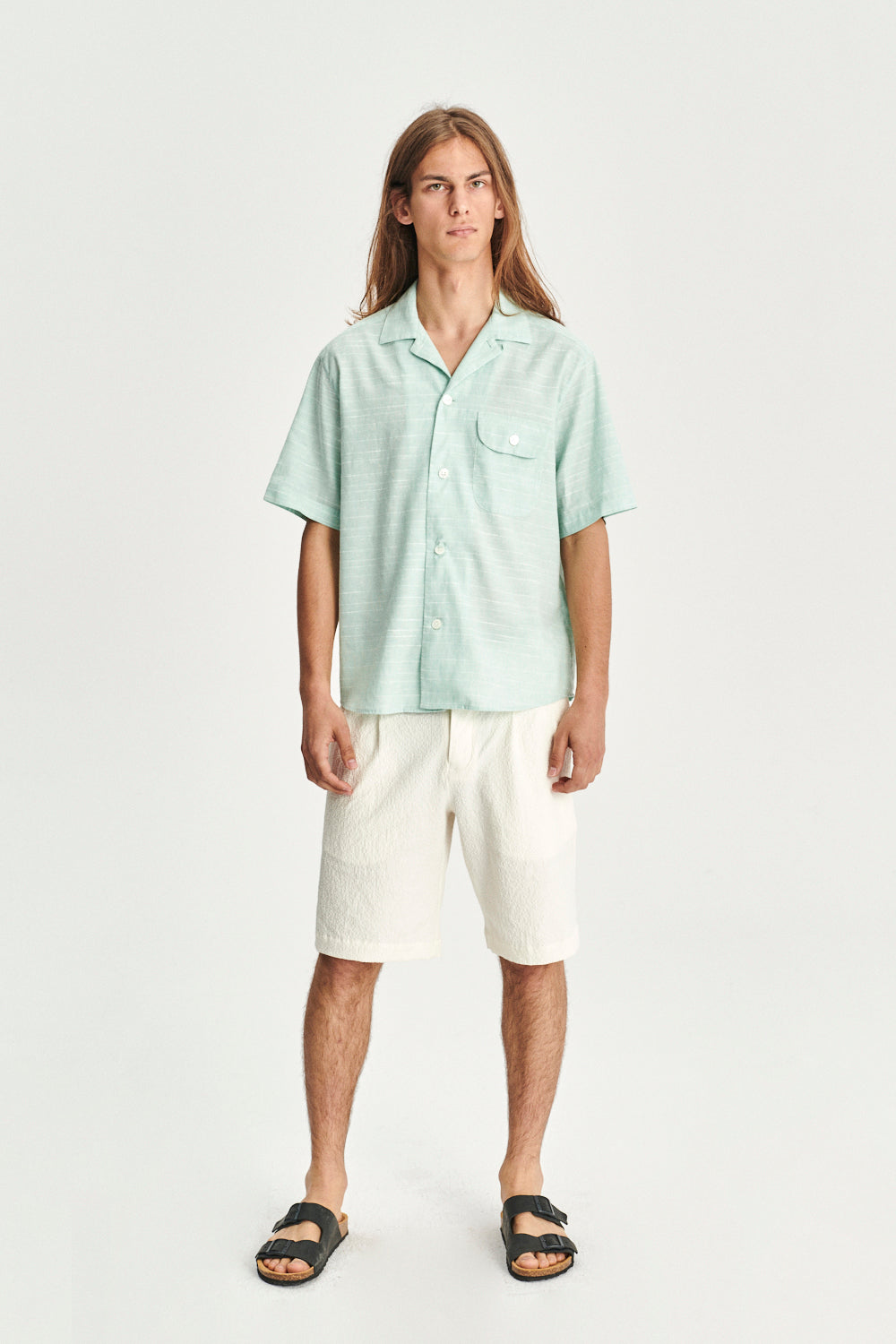 Short Sleeve Camp Collar Shirt in a Subtle Mint Green Mix of Portuguese Cotton, Linen and Pineapple