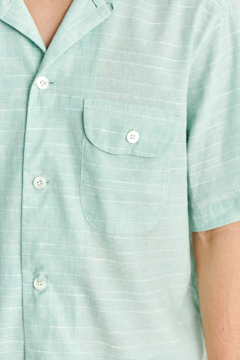 Short Sleeve Camp Collar Shirt in a Subtle Mint Green Mix of Portuguese Cotton, Linen and Pineapple