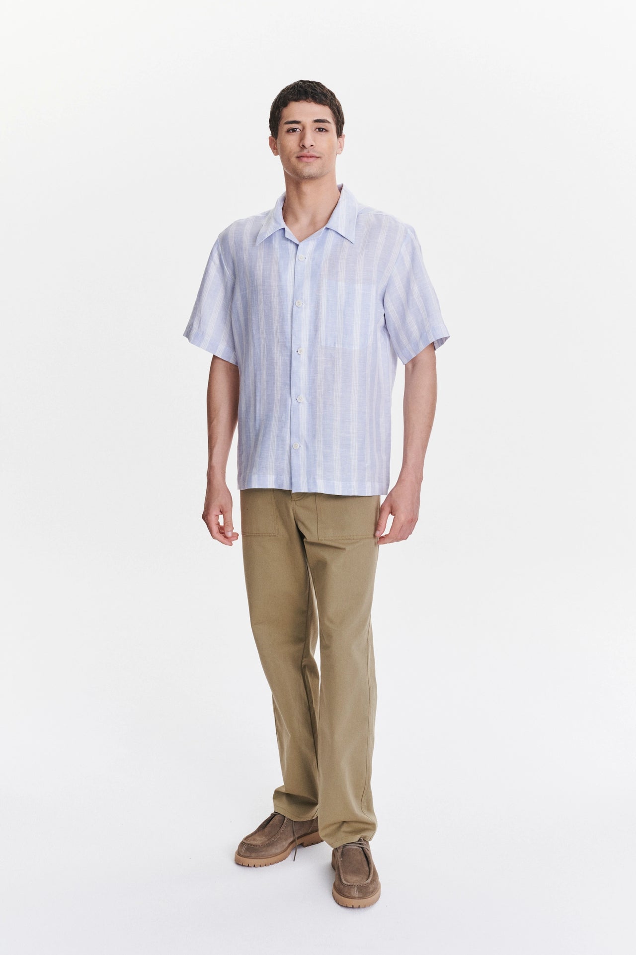 Short Sleeve Cuban Collar Shirt in a Subtle Blue and White Striped Italian Linen
