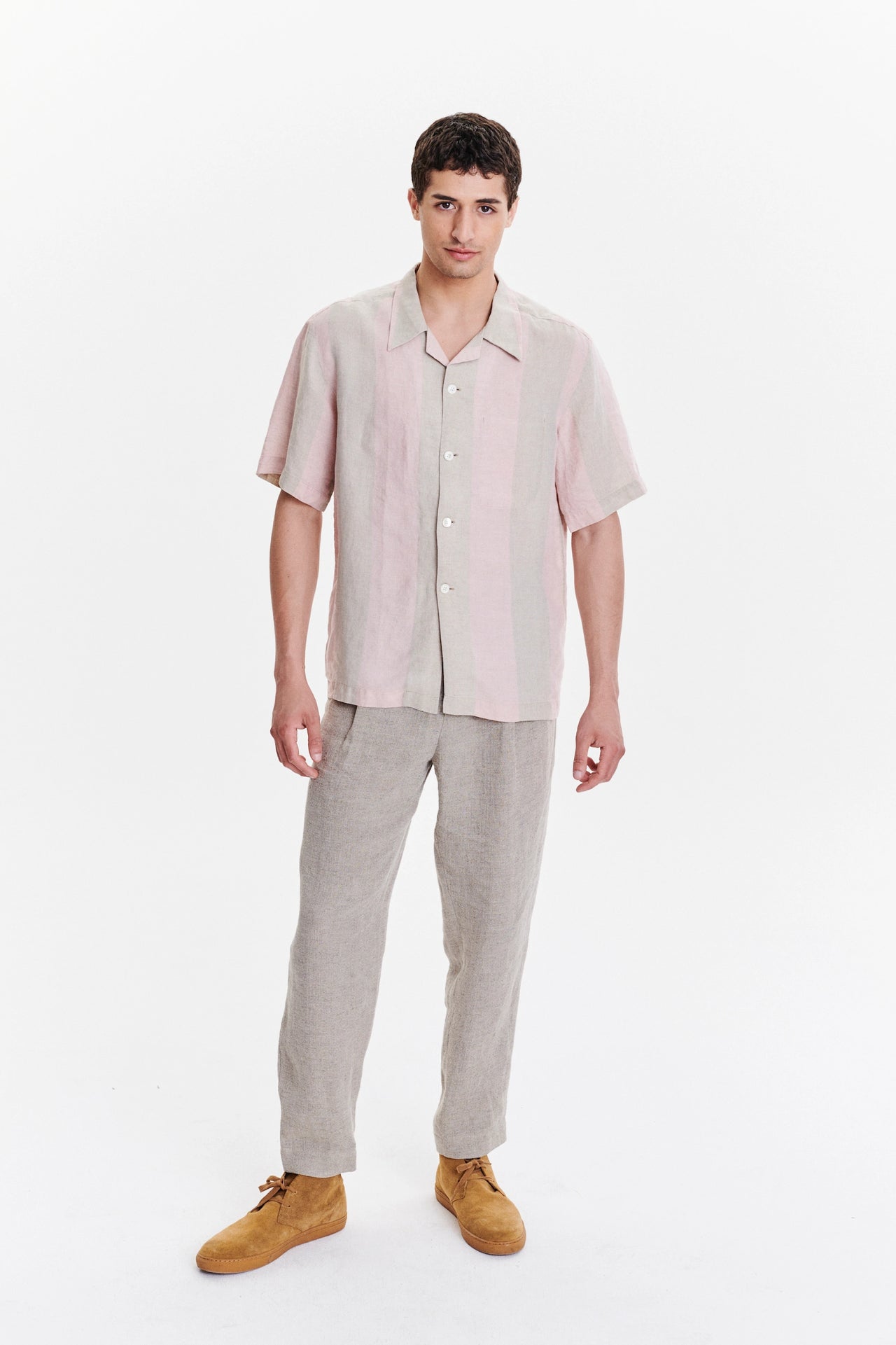 Short Sleeve Relaxed Cuban Collar Shirt in Tonal Pink and Beige Stripes of a Superb Italian Traceable Linen