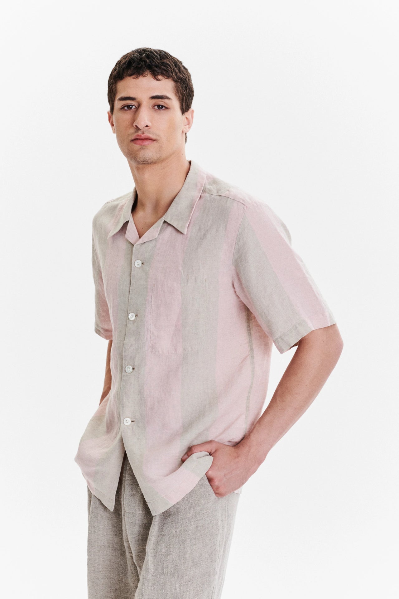 Short Sleeve Relaxed Cuban Collar Shirt in Tonal Pink and Beige Stripes of a Superb Italian Traceable Linen