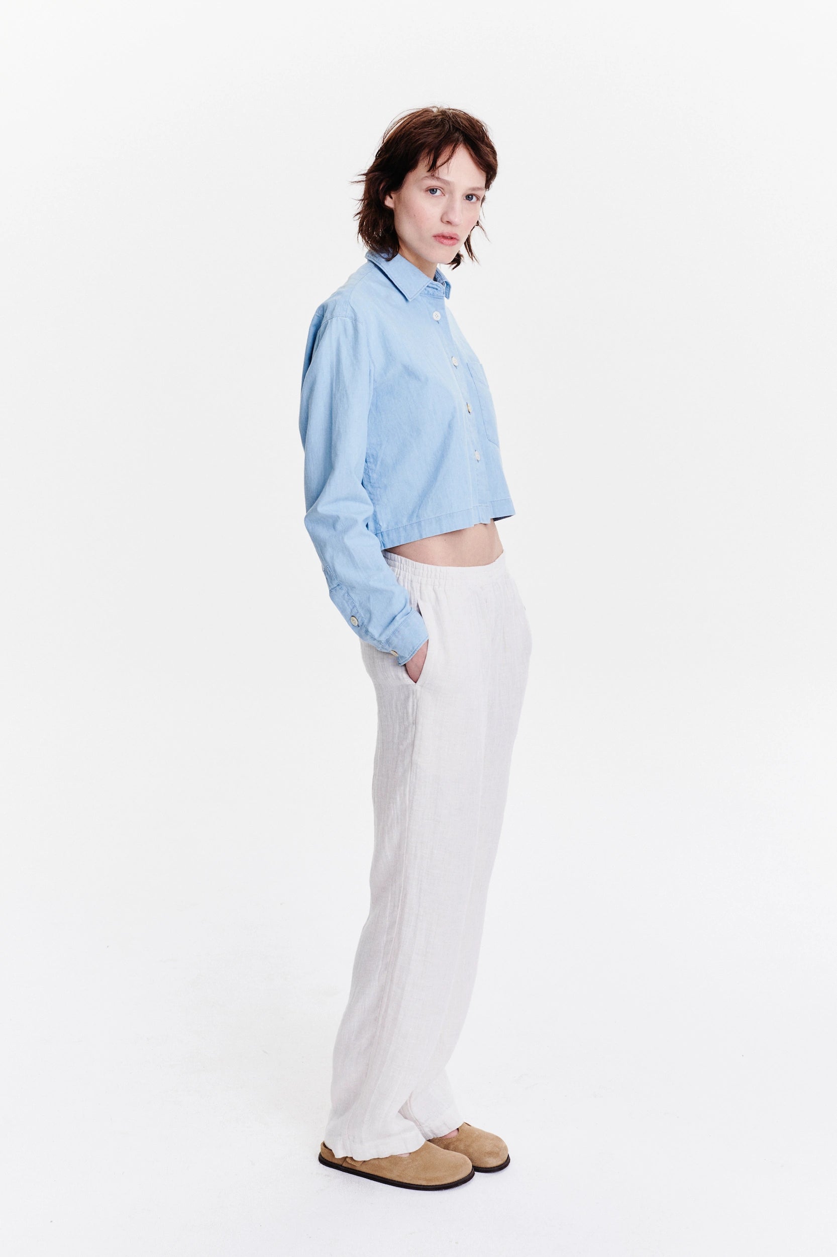 Relaxed Cropped Shirt in a Pale Sky Blue Bleached Italian Cotton Denim