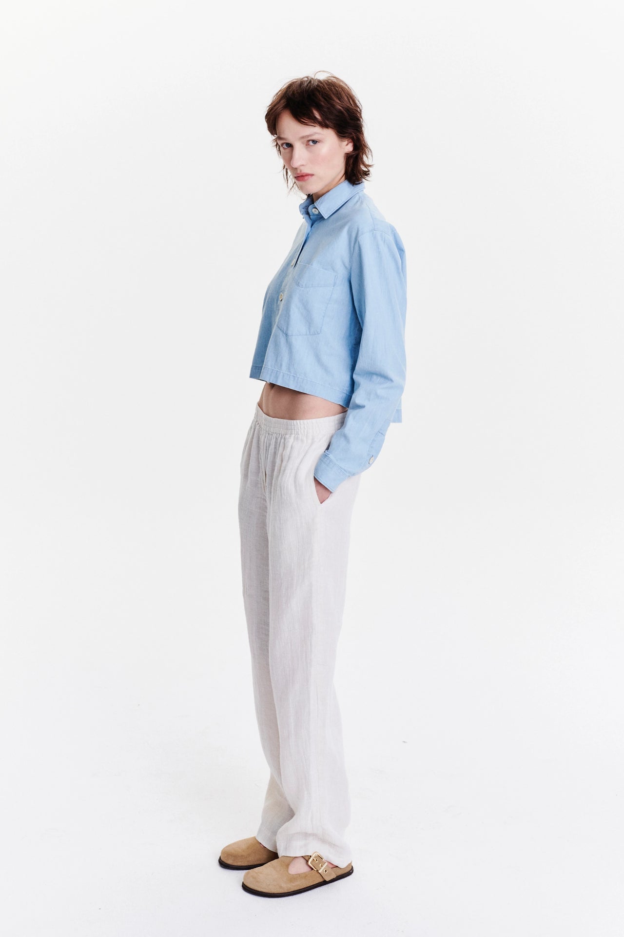 Relaxed Cropped Shirt in a Pale Sky Blue Bleached Italian Cotton Denim