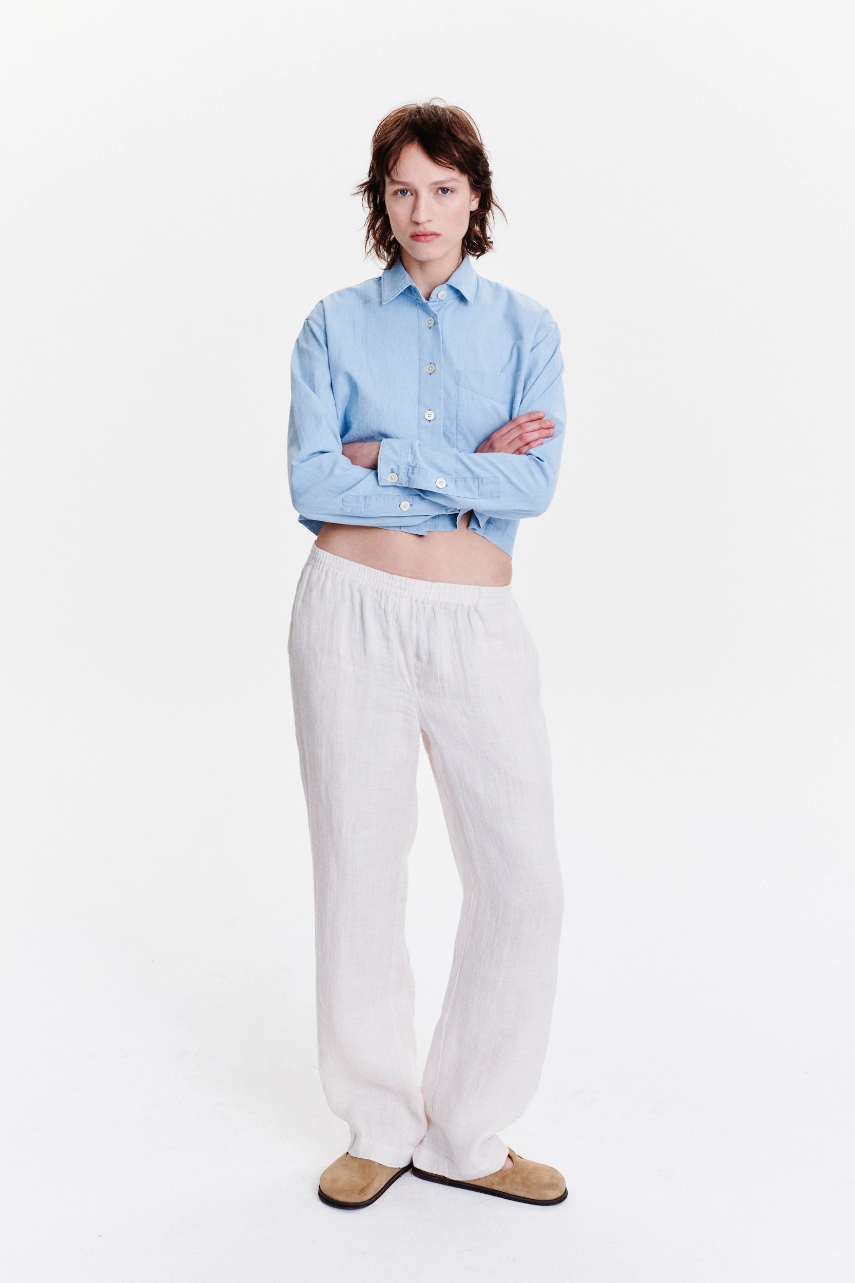 Relaxed Cropped Shirt in a Pale Sky Blue Bleached Italian Cotton Denim