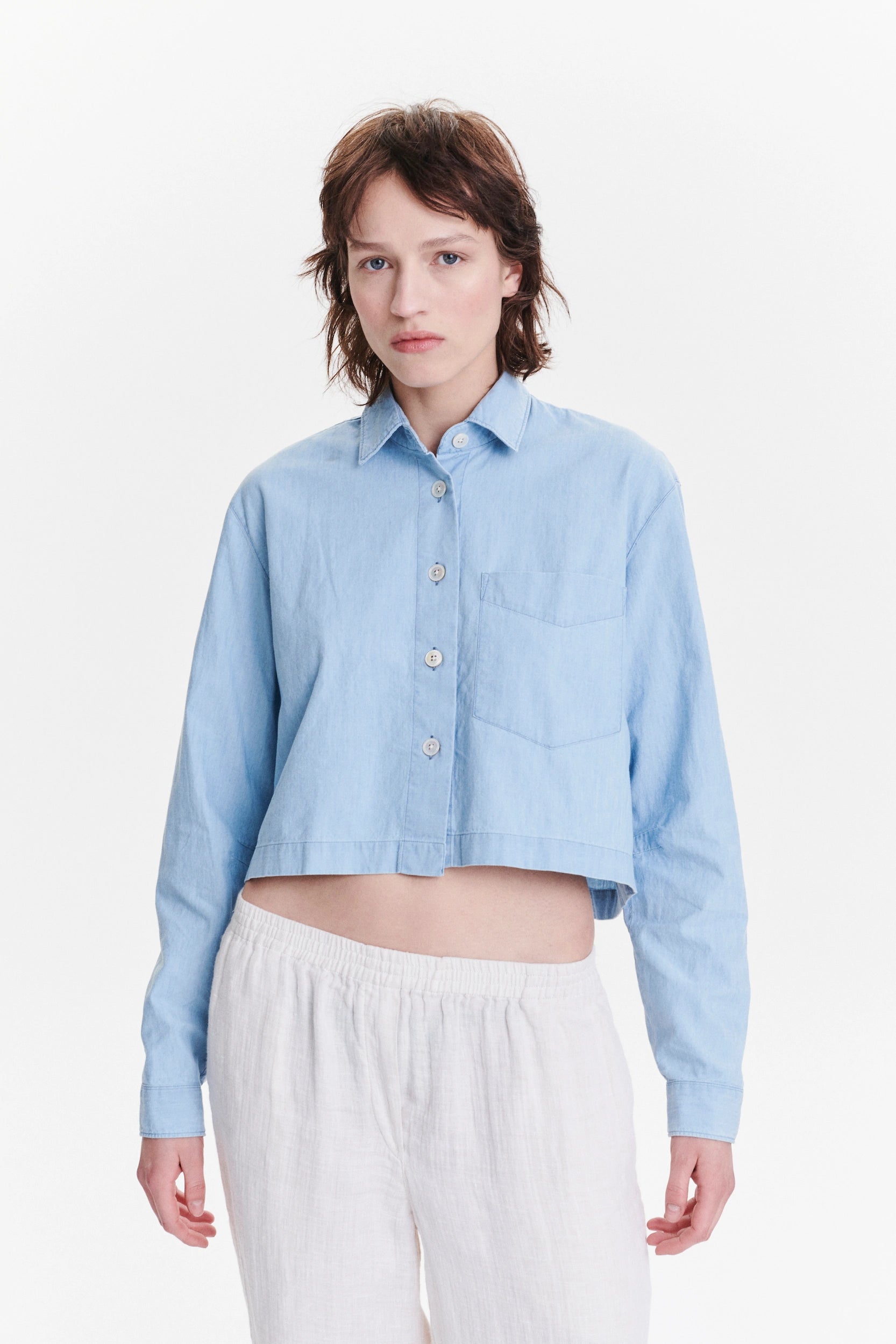 Relaxed Cropped Shirt in a Pale Sky Blue Bleached Italian Cotton Denim