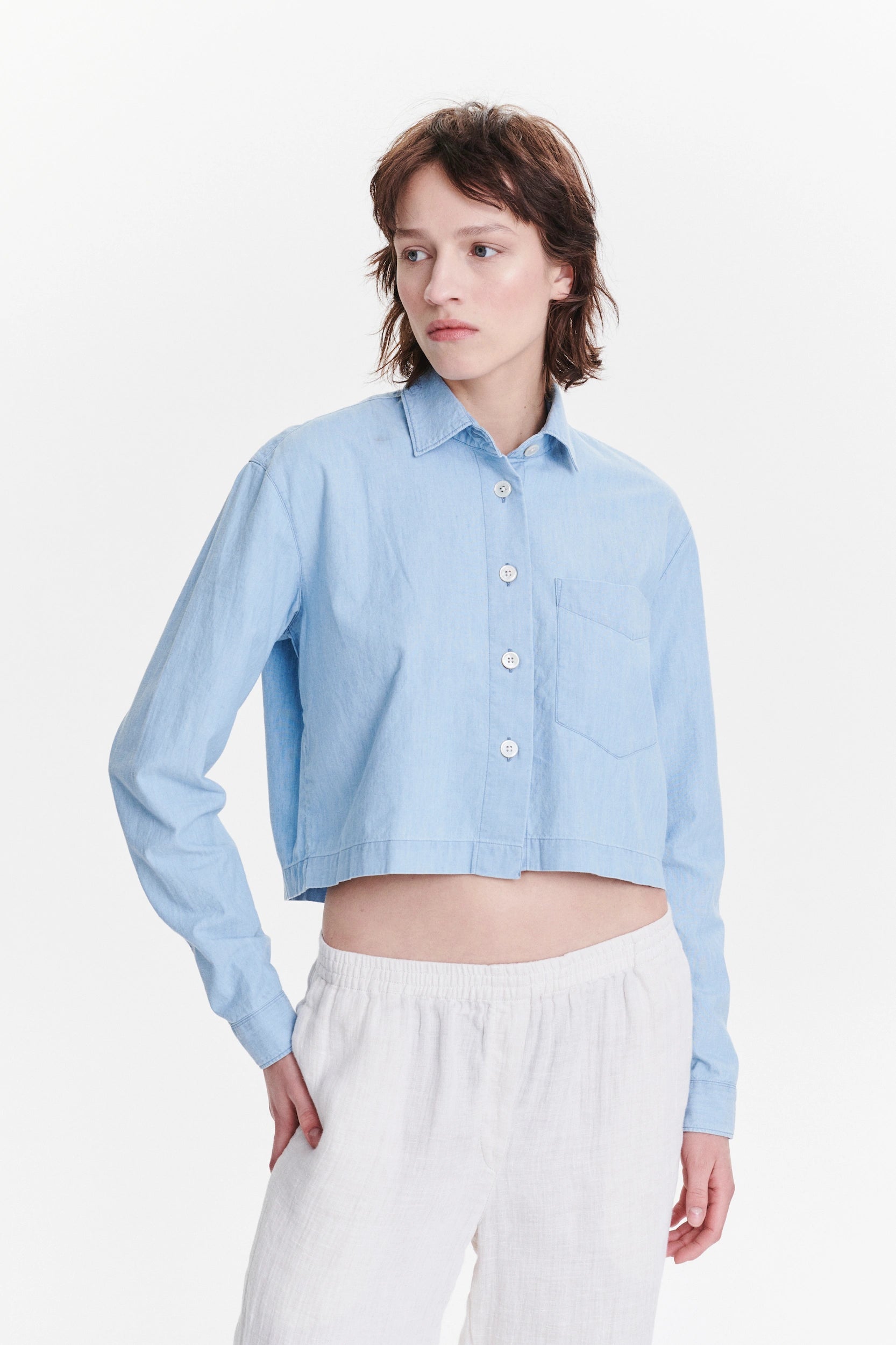 Relaxed Cropped Shirt in a Pale Sky Blue Bleached Italian Cotton Denim