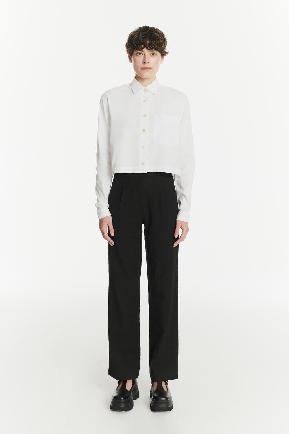 Relaxed Cropped Shirt in a Crisp White Italian Cotton, Nylon and Lycra