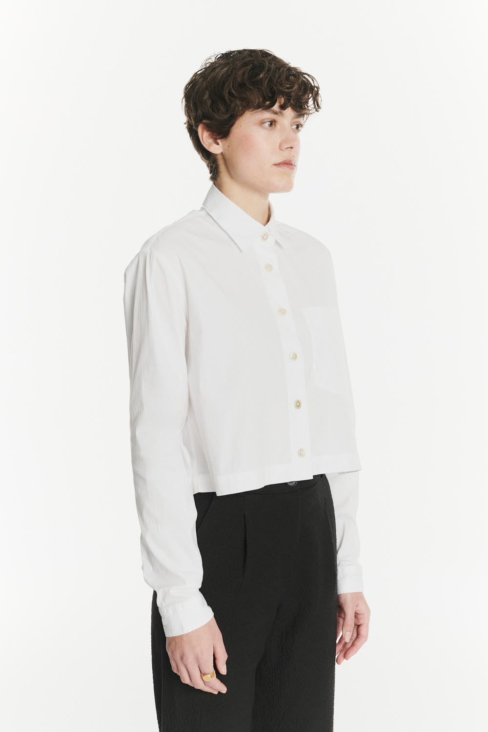 Relaxed Cropped Shirt in a Crisp White Italian Cotton, Nylon and Lycra