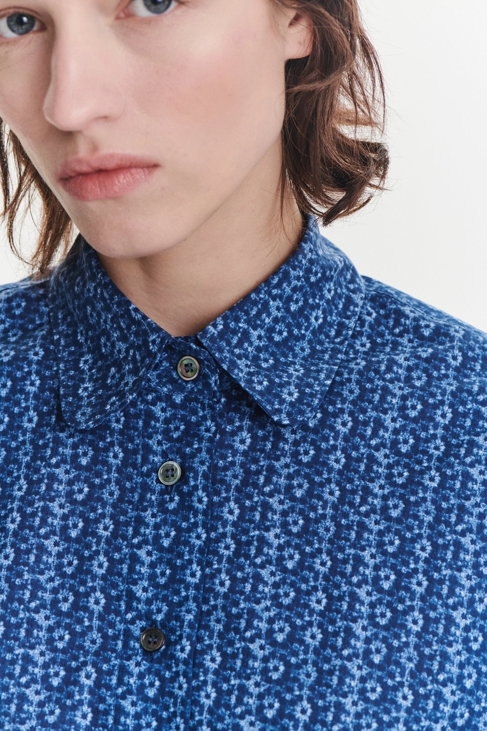 Relaxed Blouse in a Blue Abstract Flower Print Italian Cotton