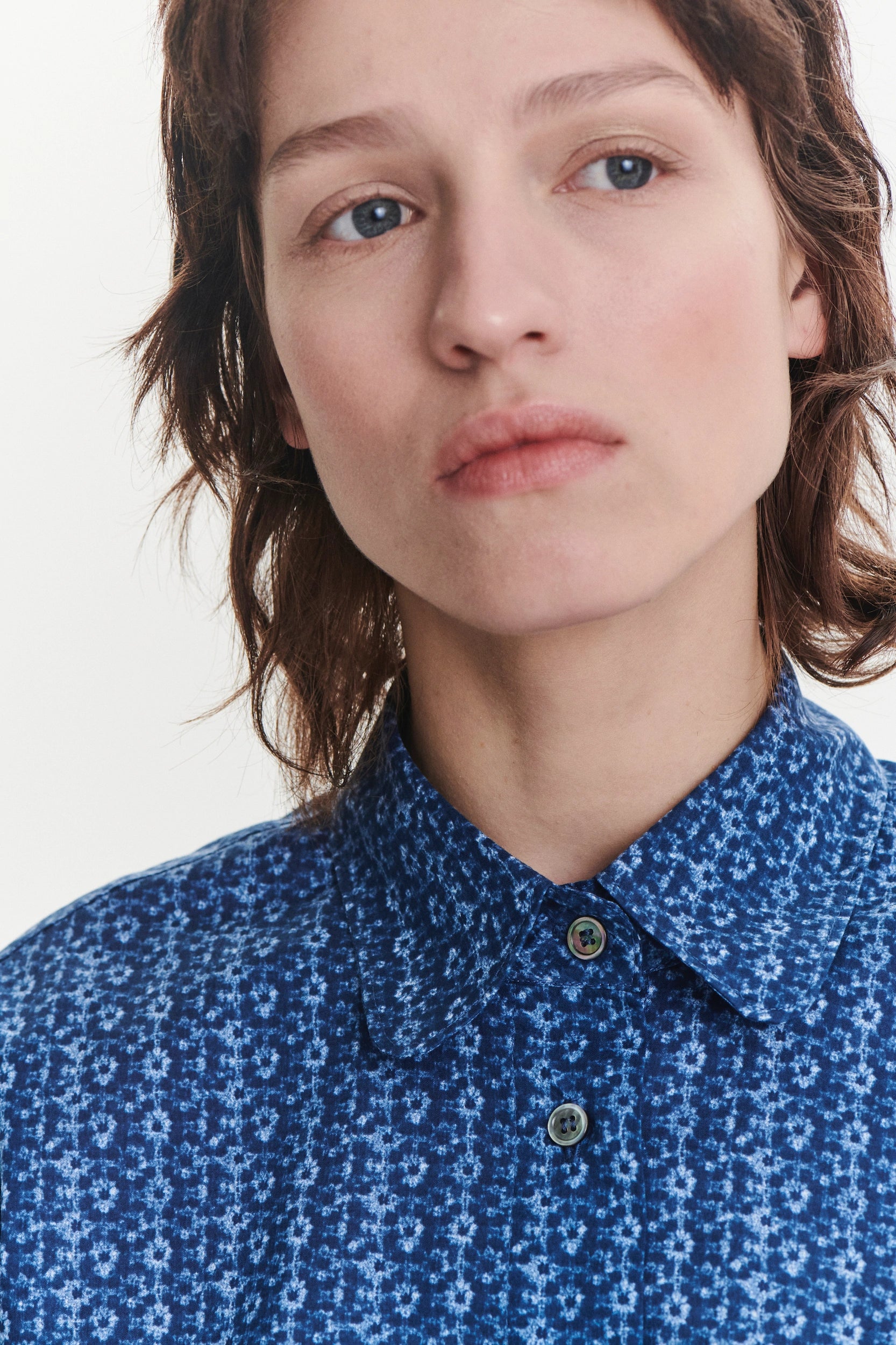 Relaxed Blouse in a Blue Abstract Flower Print Italian Cotton