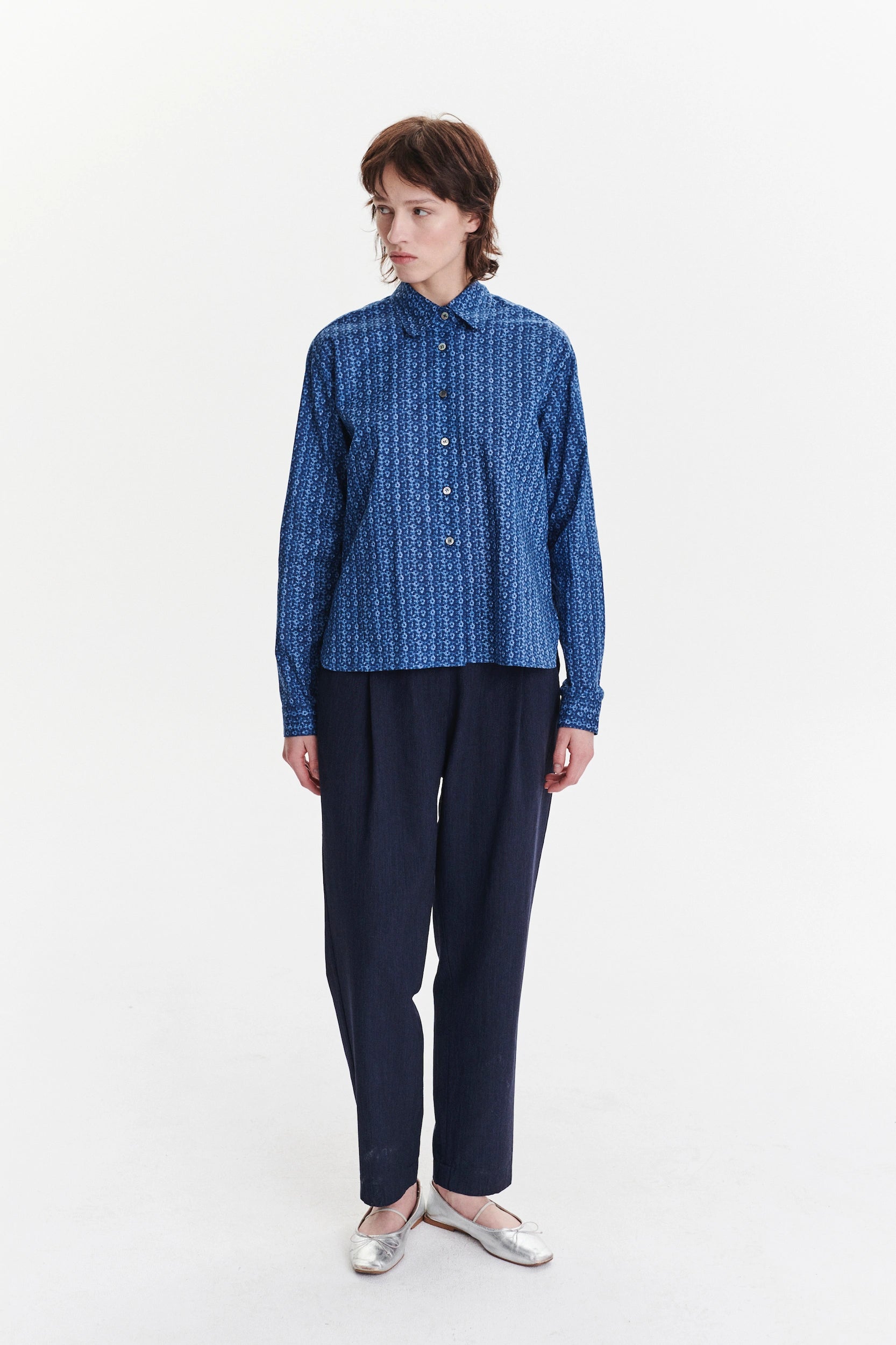 Relaxed Blouse in a Blue Abstract Flower Print Italian Cotton