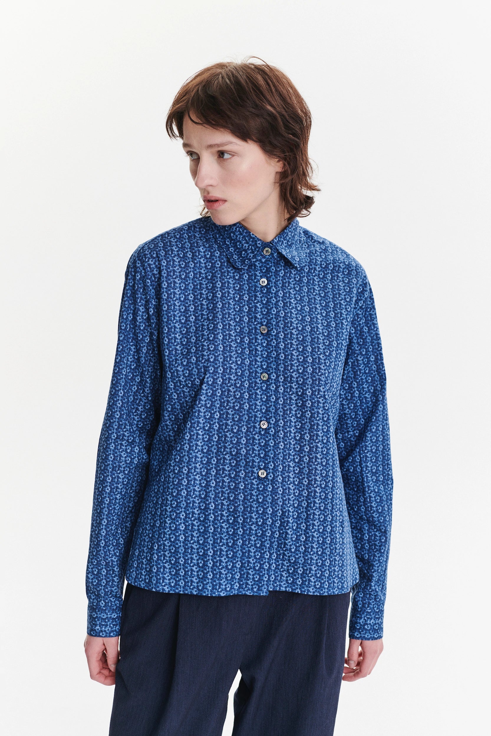 Relaxed Blouse in a Blue Abstract Flower Print Italian Cotton