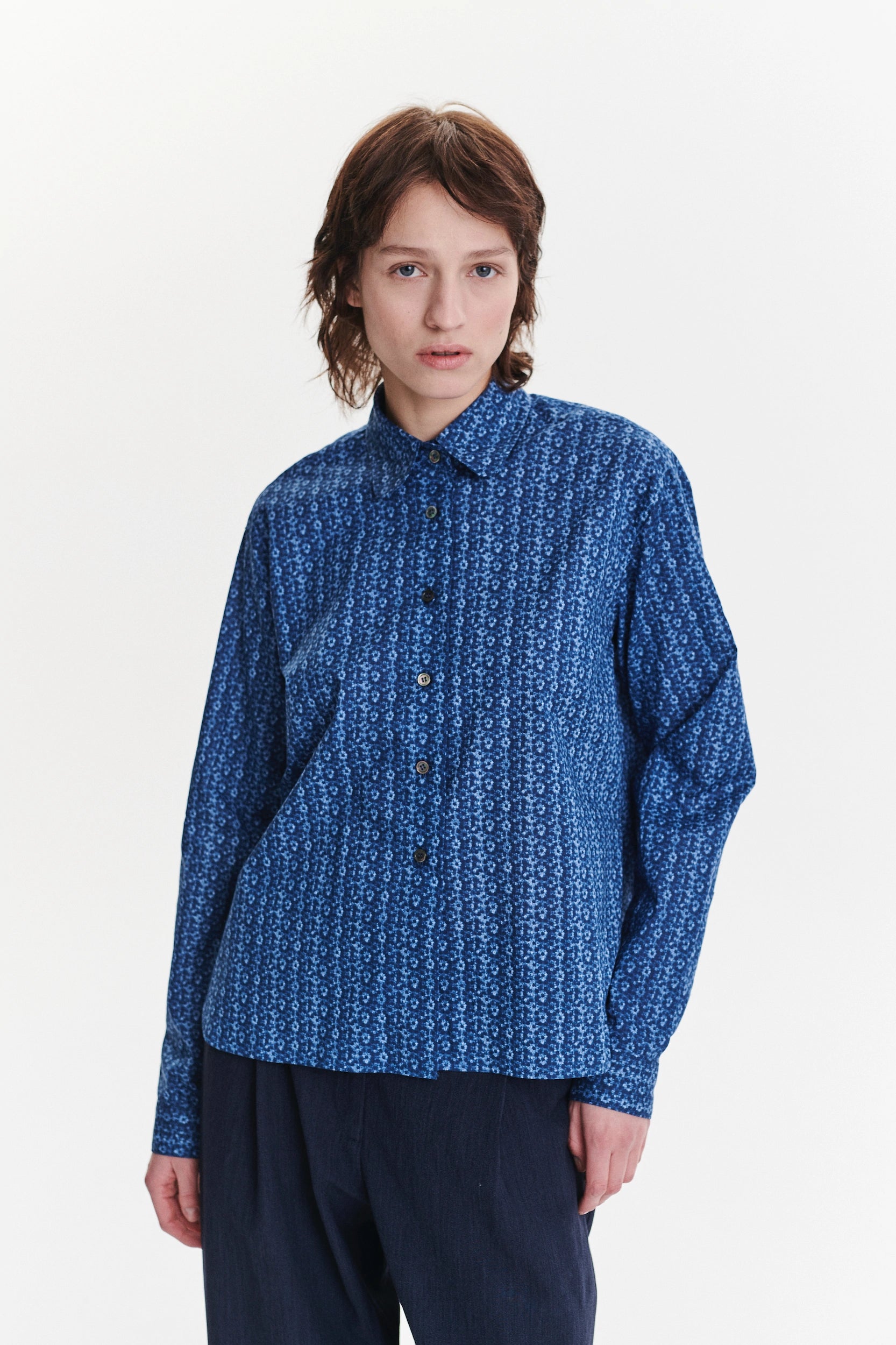 Relaxed Blouse in a Blue Abstract Flower Print Italian Cotton