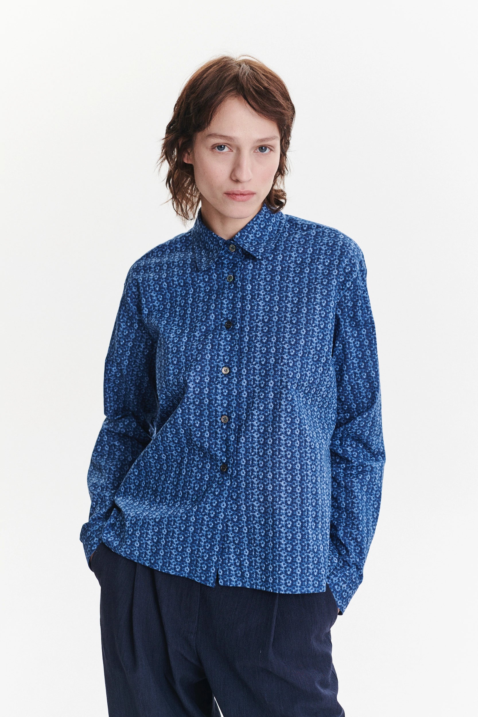 Relaxed Blouse in a Blue Abstract Flower Print Italian Cotton