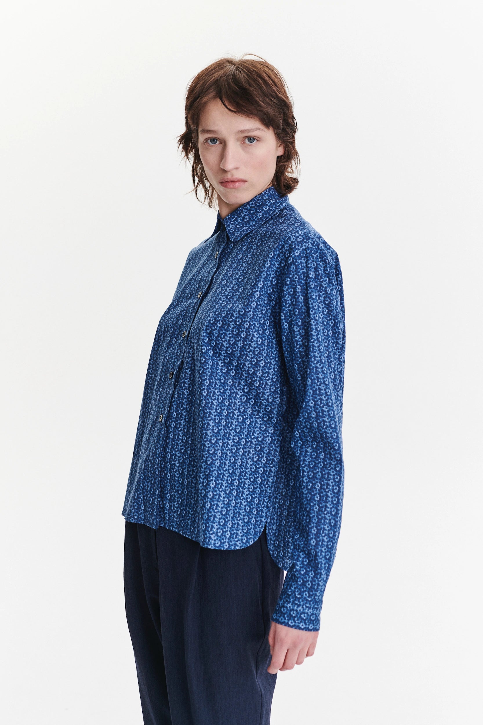 Relaxed Blouse in a Blue Abstract Flower Print Italian Cotton