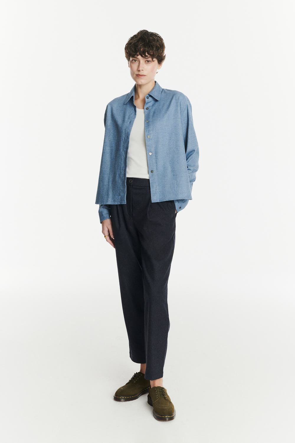 Relaxed Blouse in a Blue Soft Italian Lyocell and Cotton Flannel