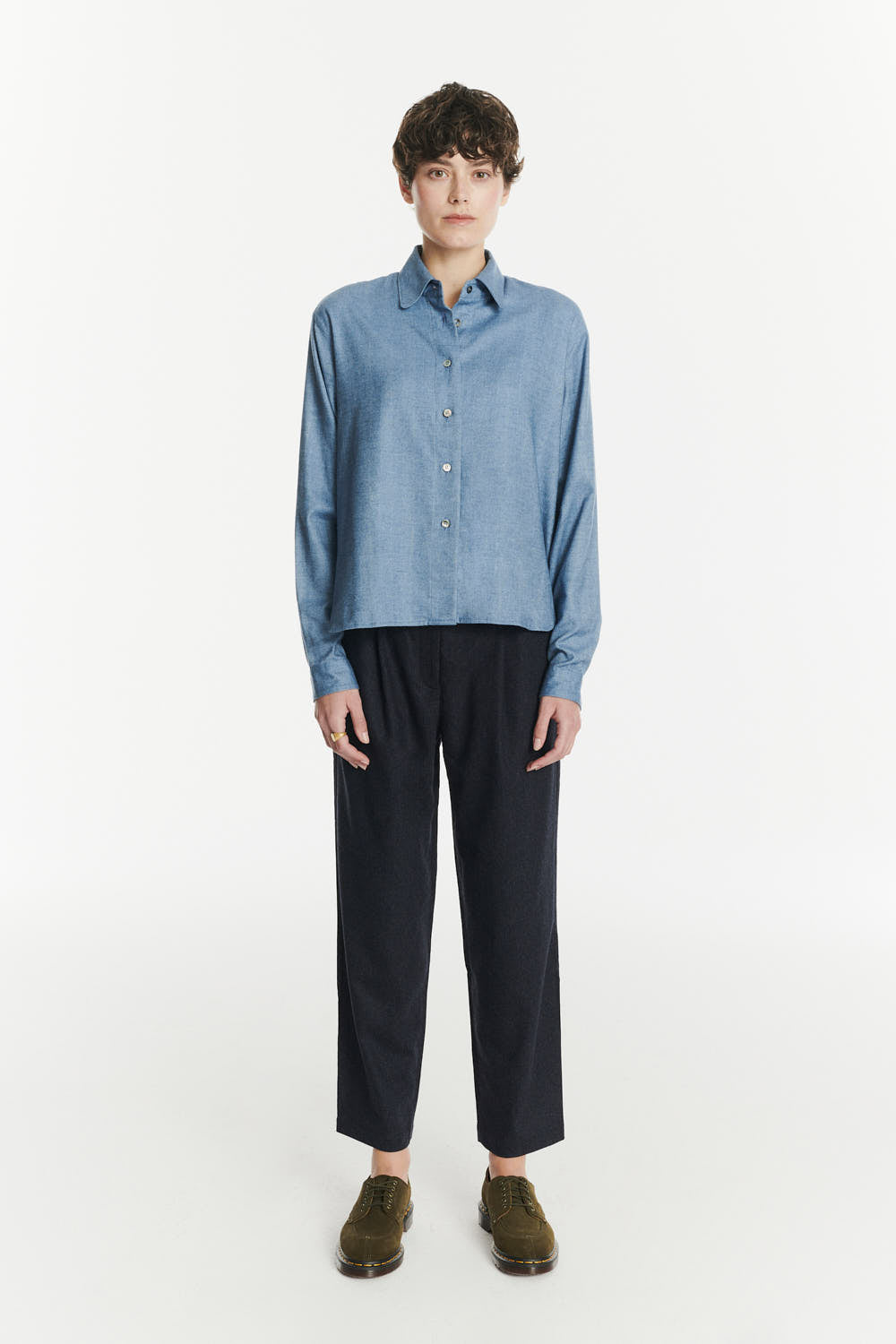 Relaxed Blouse in a Blue Soft Italian Lyocell and Cotton Flannel