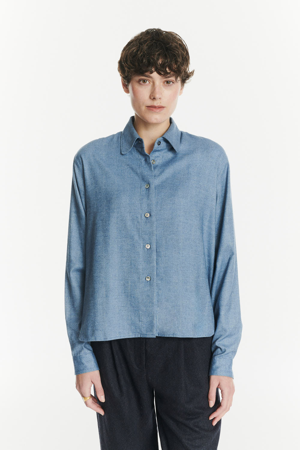 Relaxed Blouse in a Blue Soft Italian Lyocell and Cotton Flannel