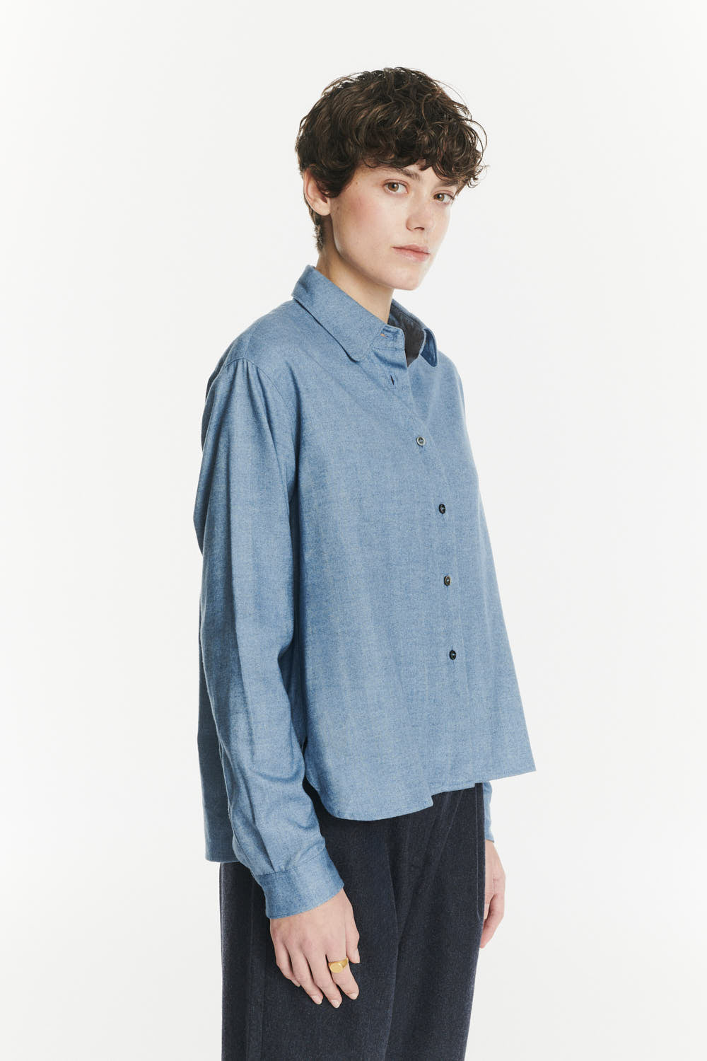 Relaxed Blouse in a Blue Soft Italian Lyocell and Cotton Flannel
