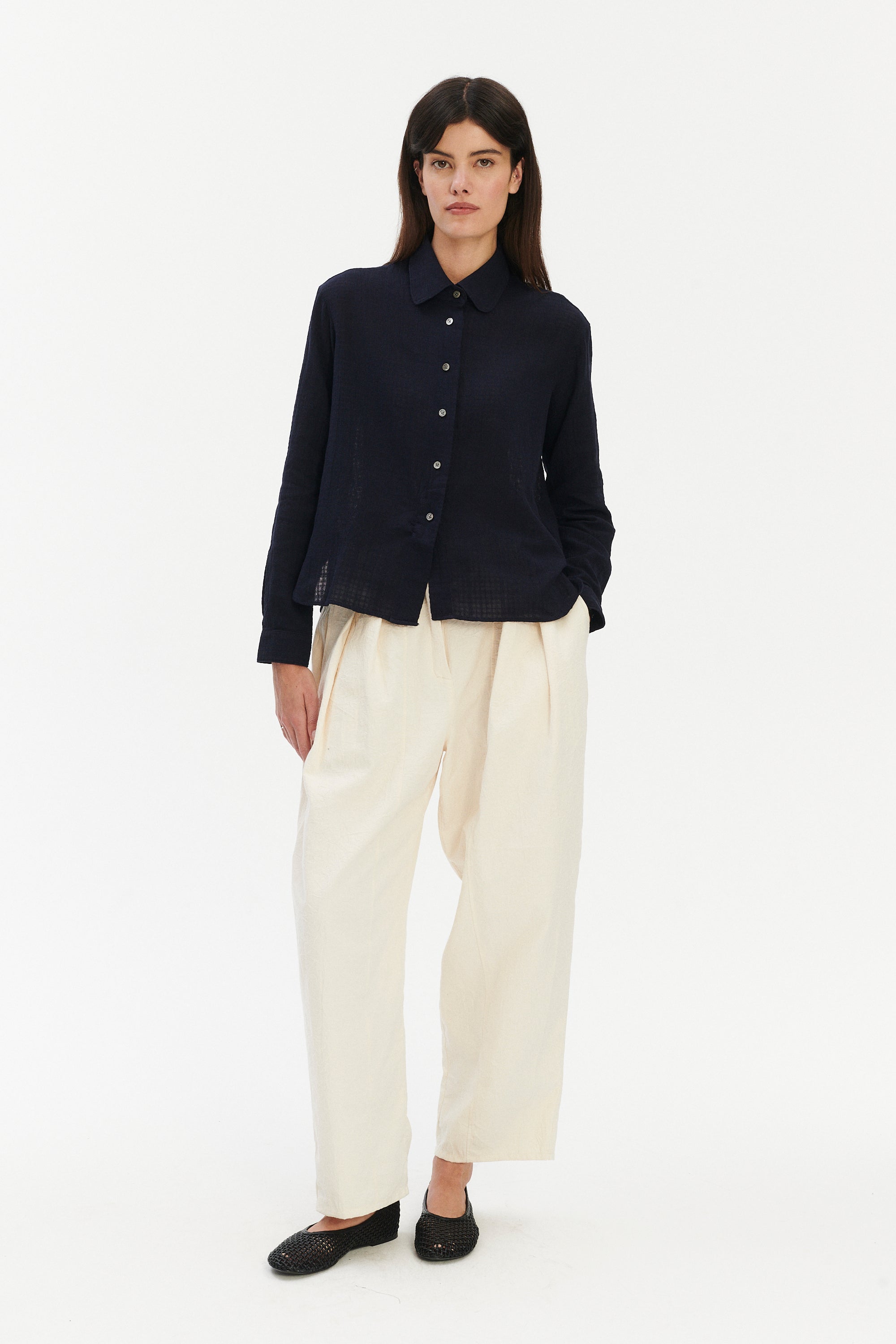 Blouse in a Dark Navy Airy Structural Portuguese Cotton