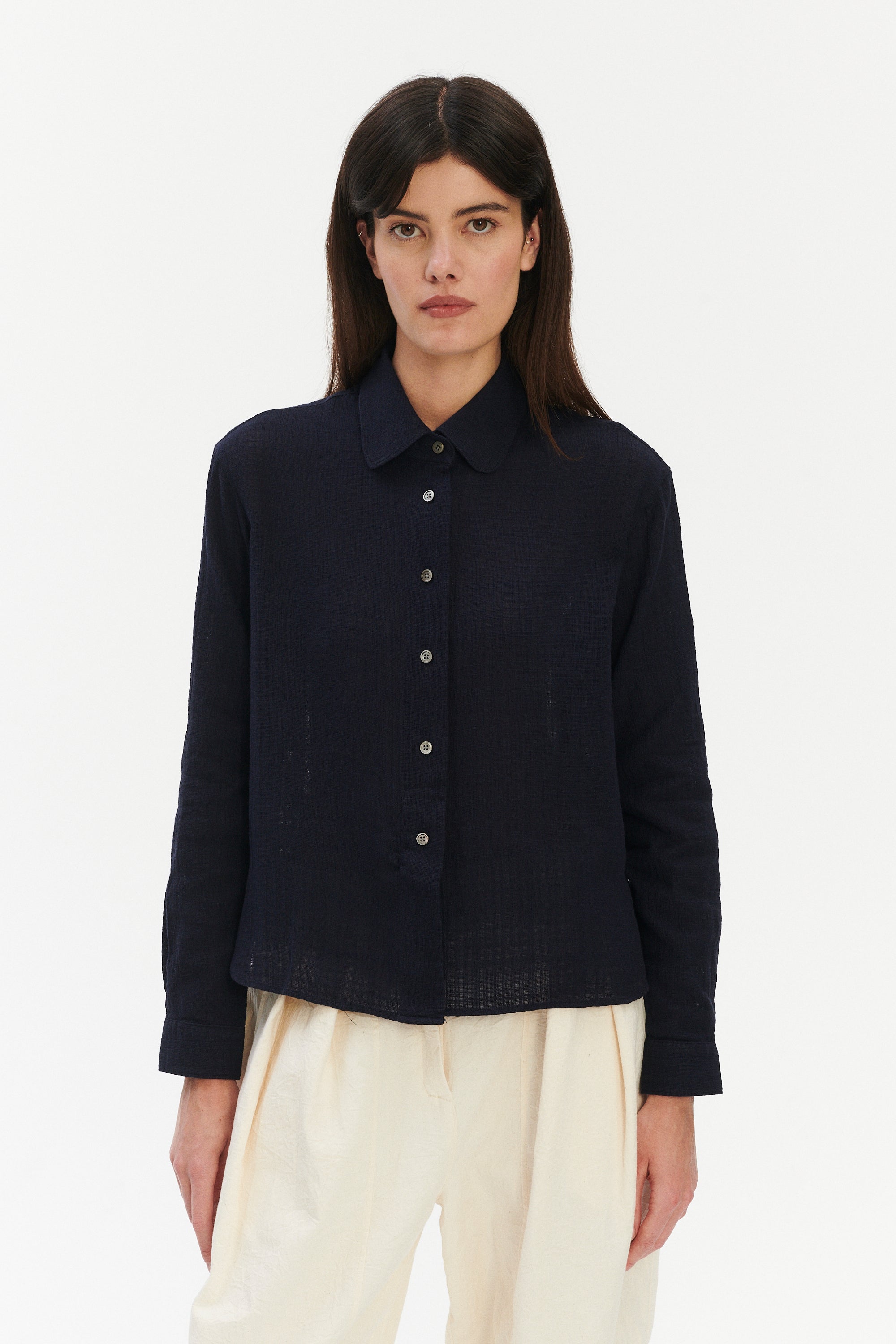 Blouse in a Dark Navy Airy Structural Portuguese Cotton