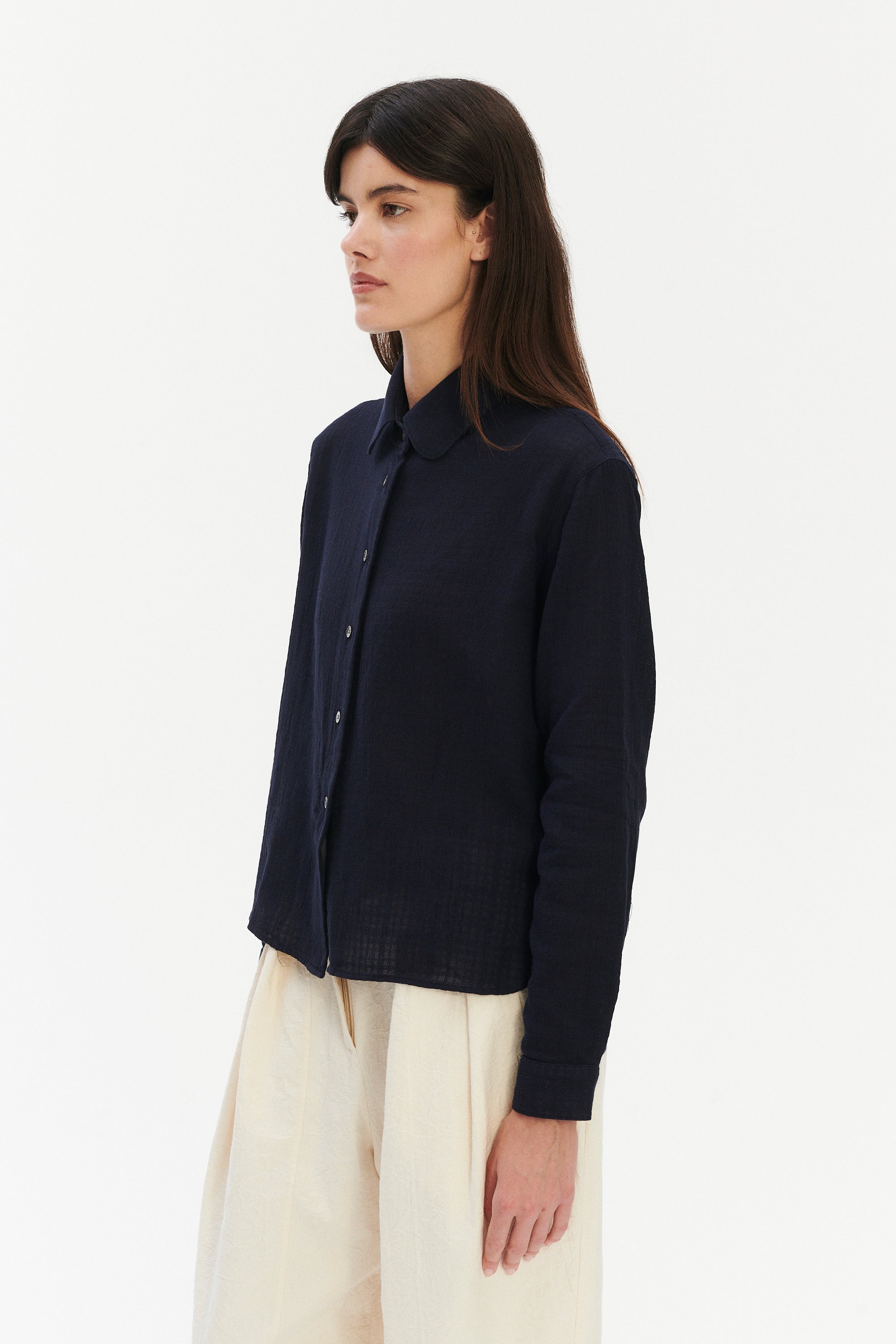Blouse in a Dark Navy Airy Structural Portuguese Cotton