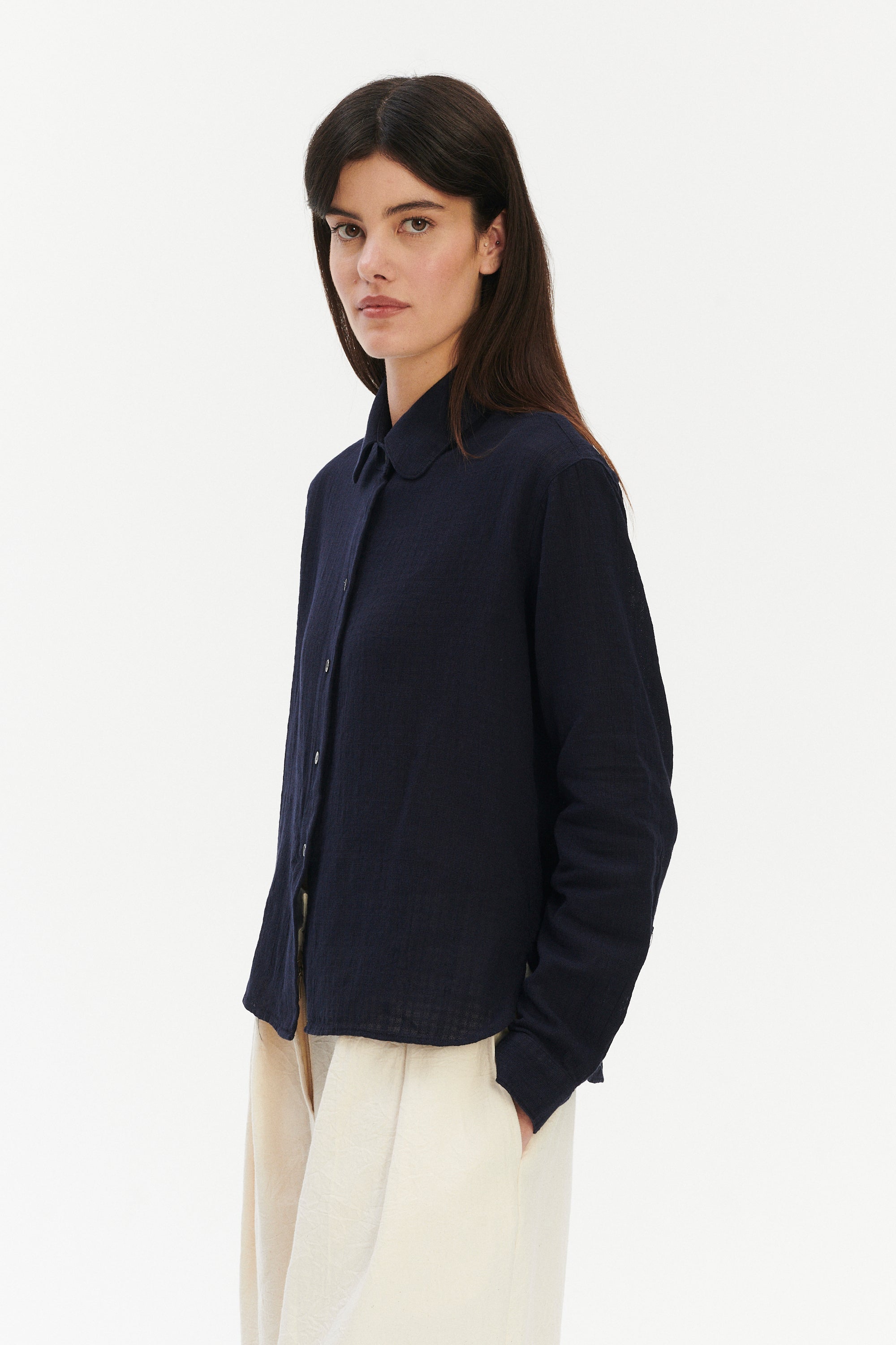 Blouse in a Dark Navy Airy Structural Portuguese Cotton