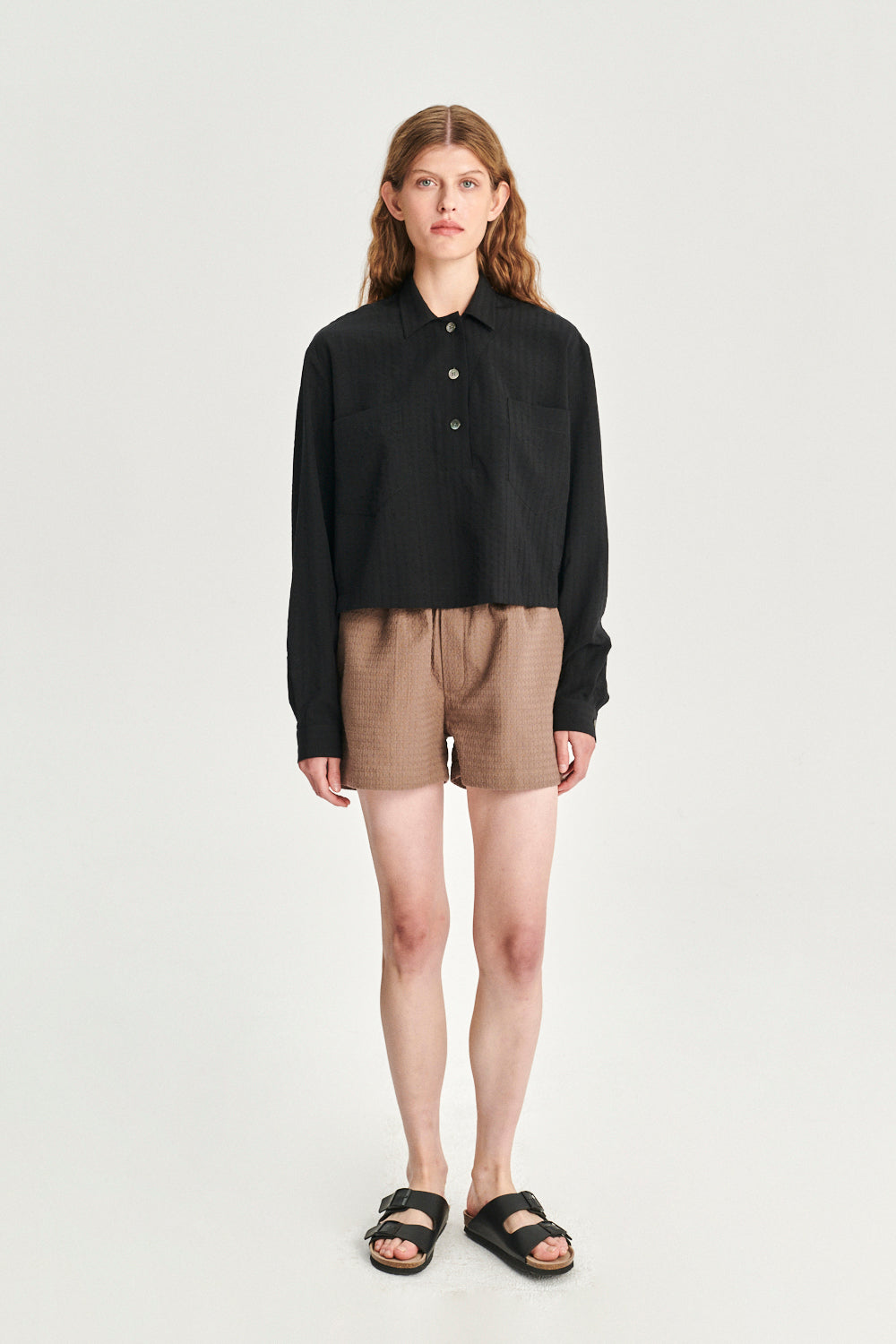 Cropped Pop-Over Top in a Black  Portuguese Tencel Seersucker