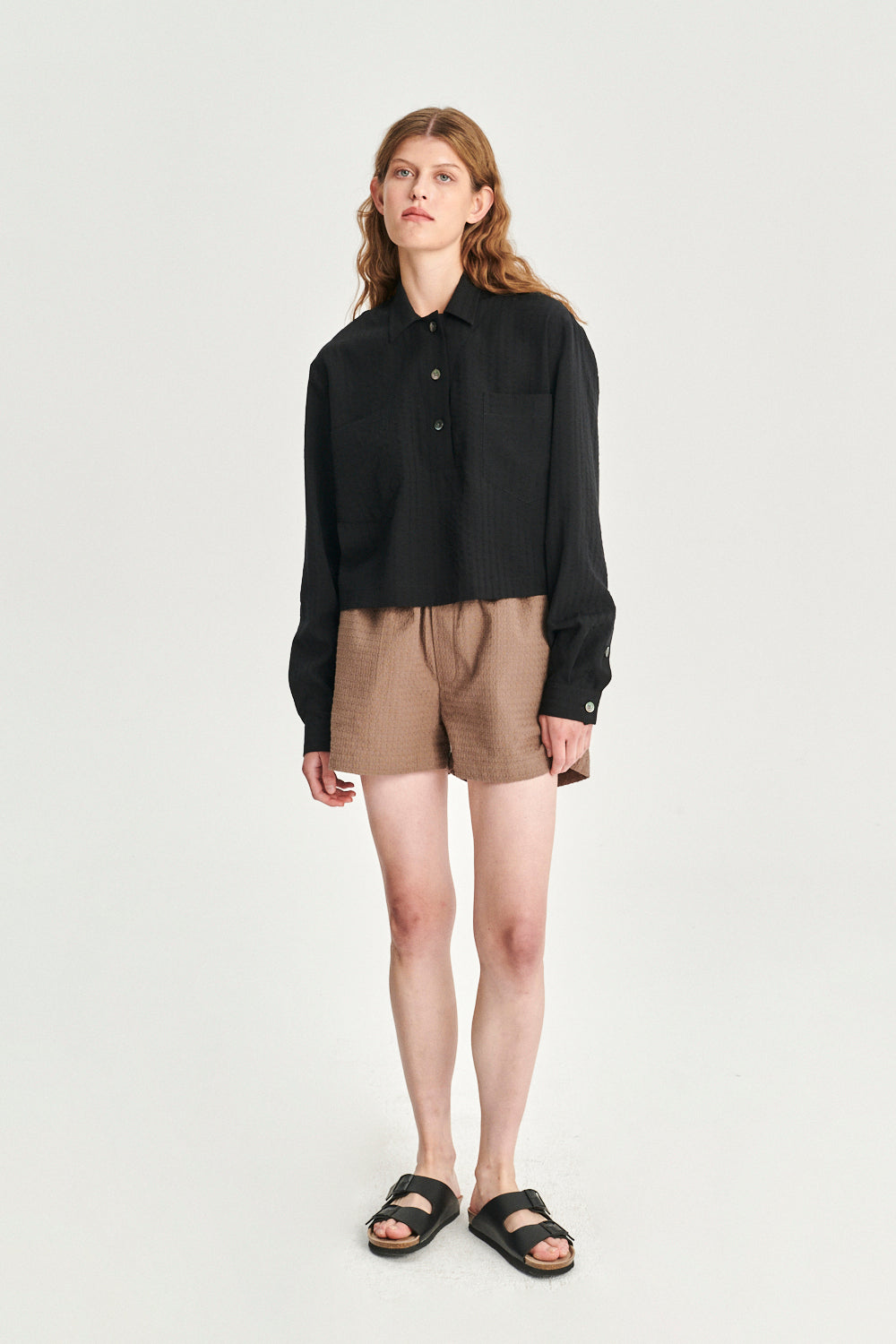 Cropped Pop-Over Top in a Black  Portuguese Tencel Seersucker